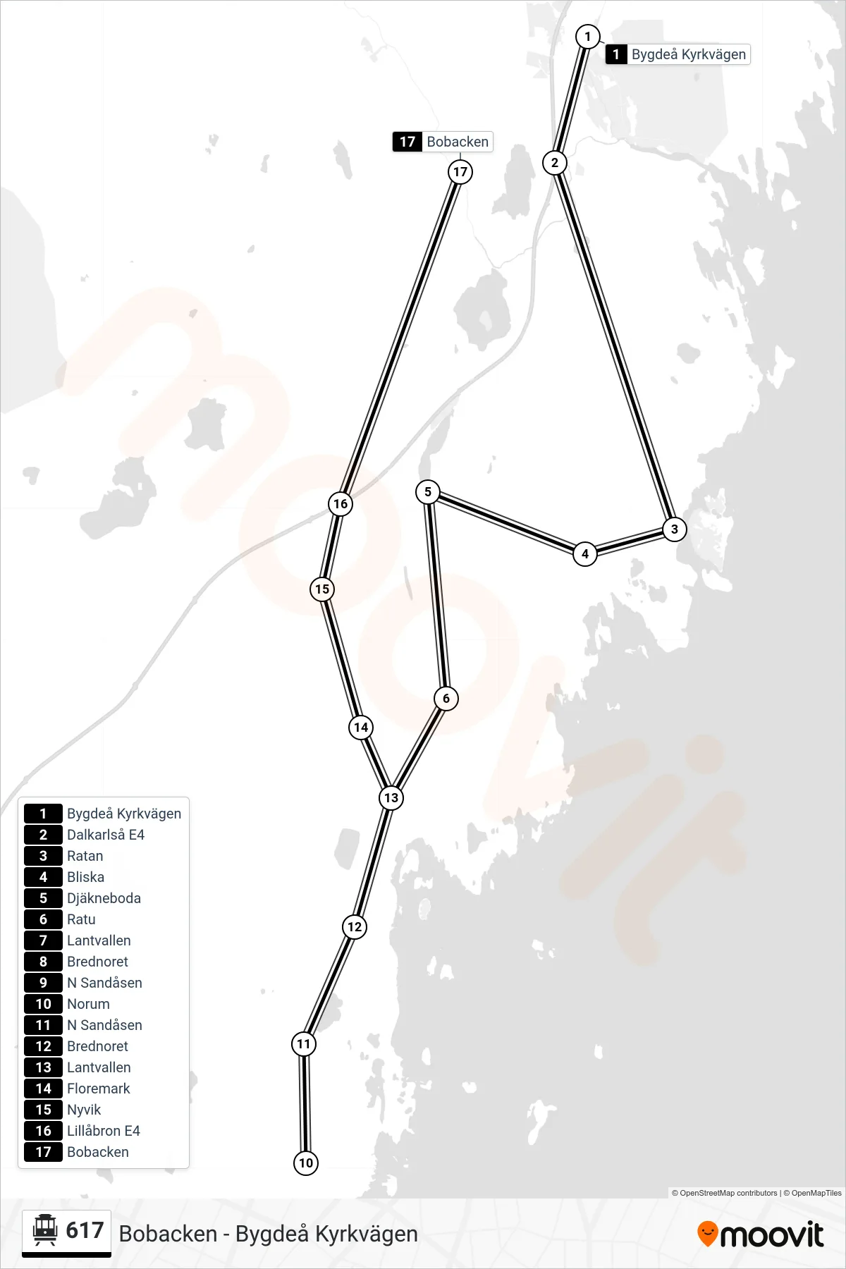 Rutt och hållplatser på karta för linje 617  spårvagn, (Bobacken)
