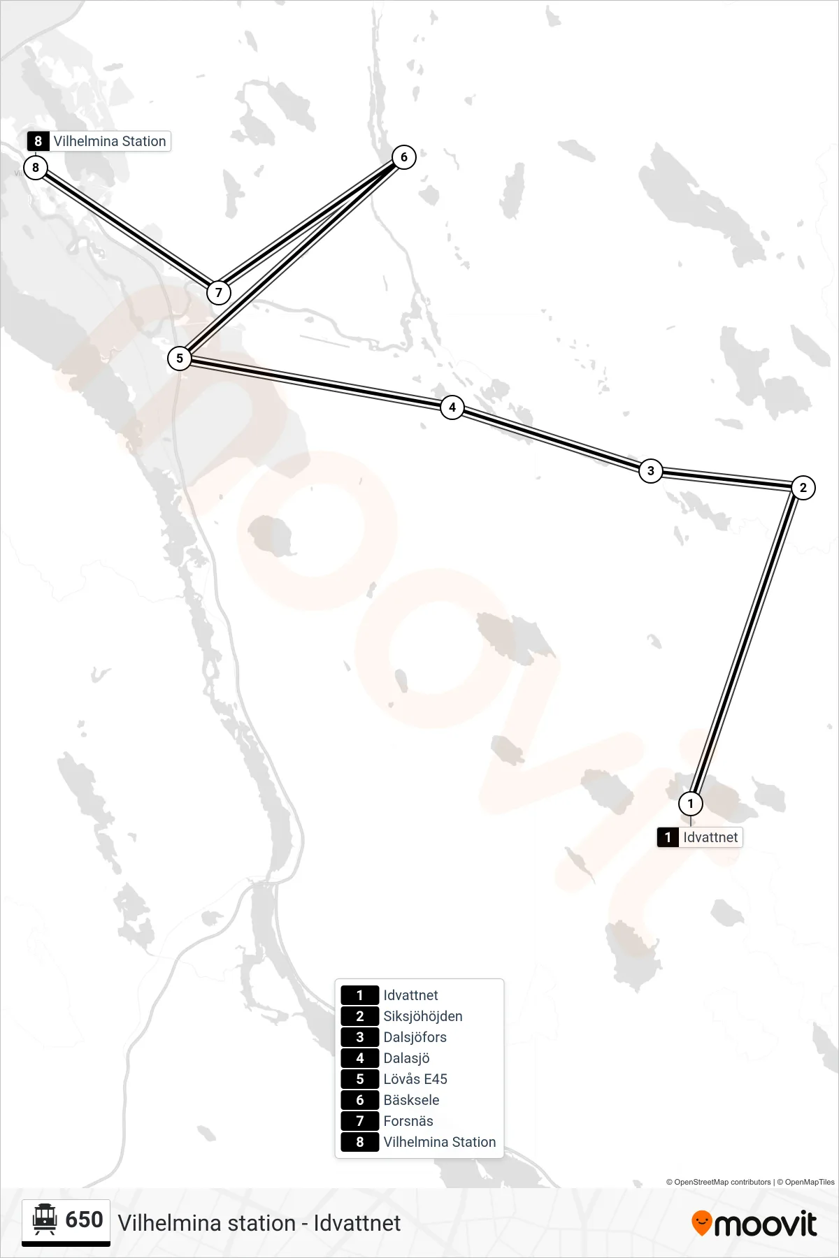 Rutt och hållplatser på karta för linje 650 spårvagn, (Vilhelmina Station)