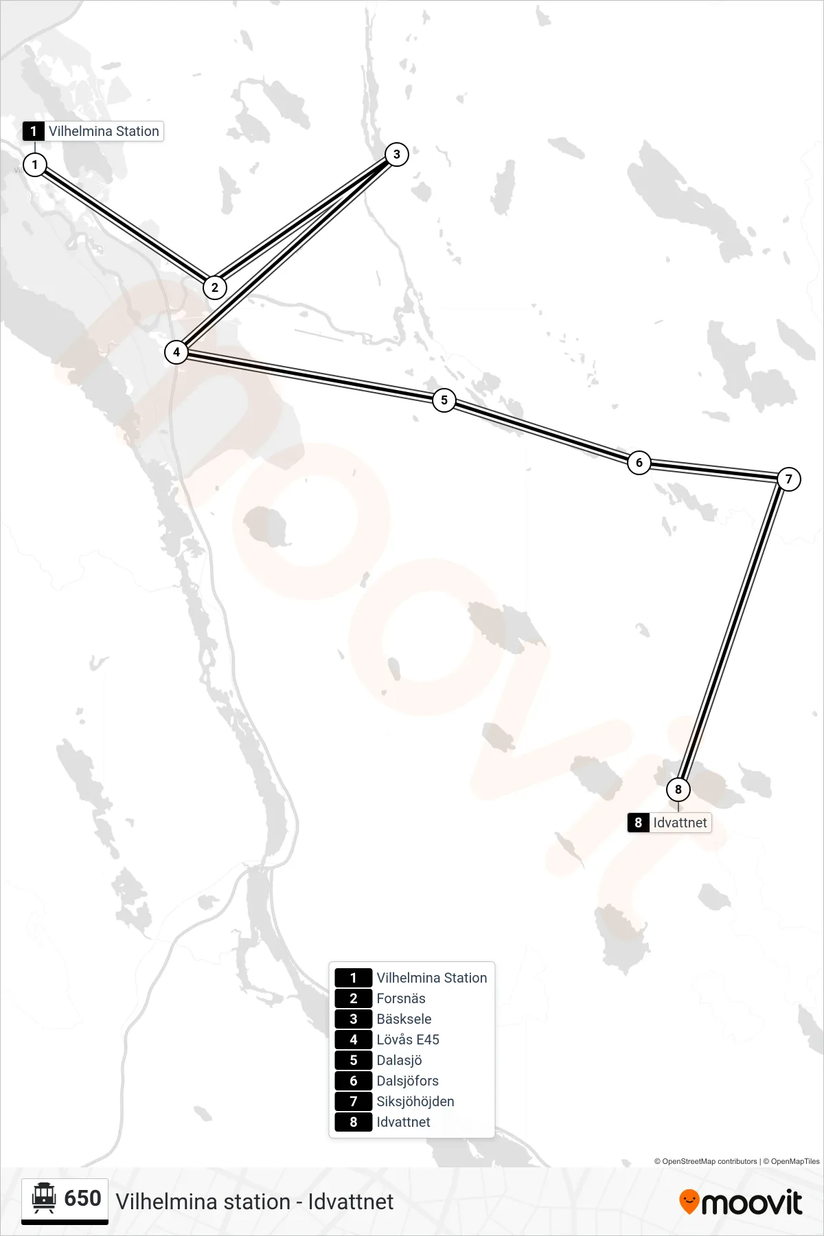 Rutt och hållplatser på karta för linje 650  spårvagn, (Idvattnet)