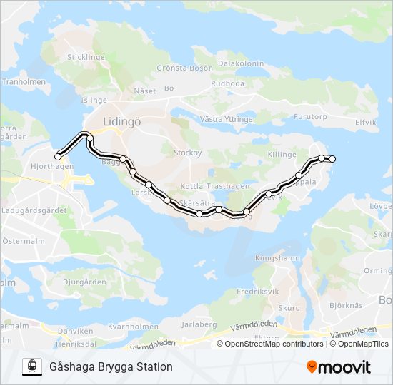 ROPSTEN T-BANA - GÅSHAGA BRYGGA STATION spårväg Linje karta