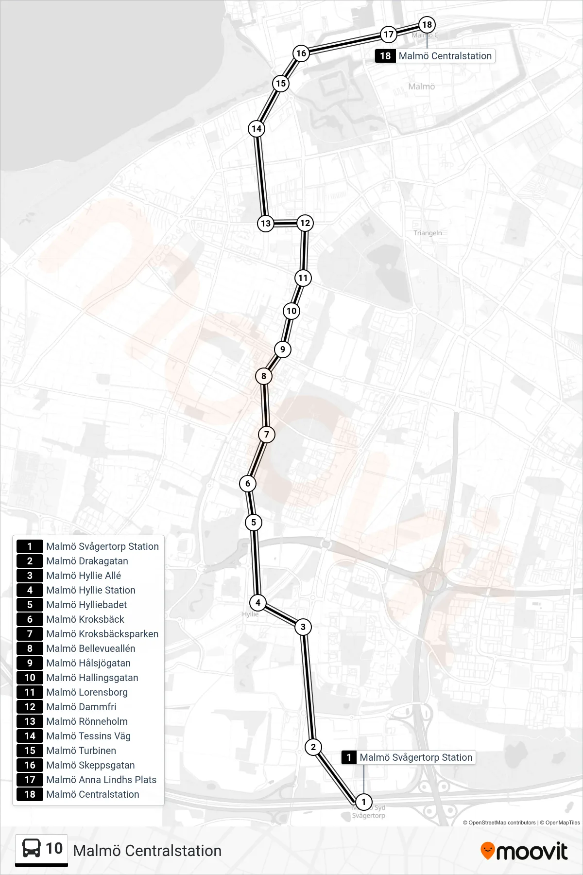 Rutt och hållplatser på karta för linje 10  spårvagn, (Malmö Centralstation)