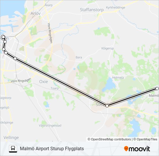 MALMÖ CENTRALSTATION - MALMÖ AIRPORT STURUP FLYGPLATS buss Linje karta