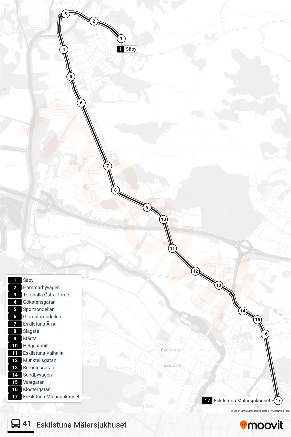 Rutt och hållplatser på karta för linje 41 buss, (Eskilstuna Mälarsjukhuset)