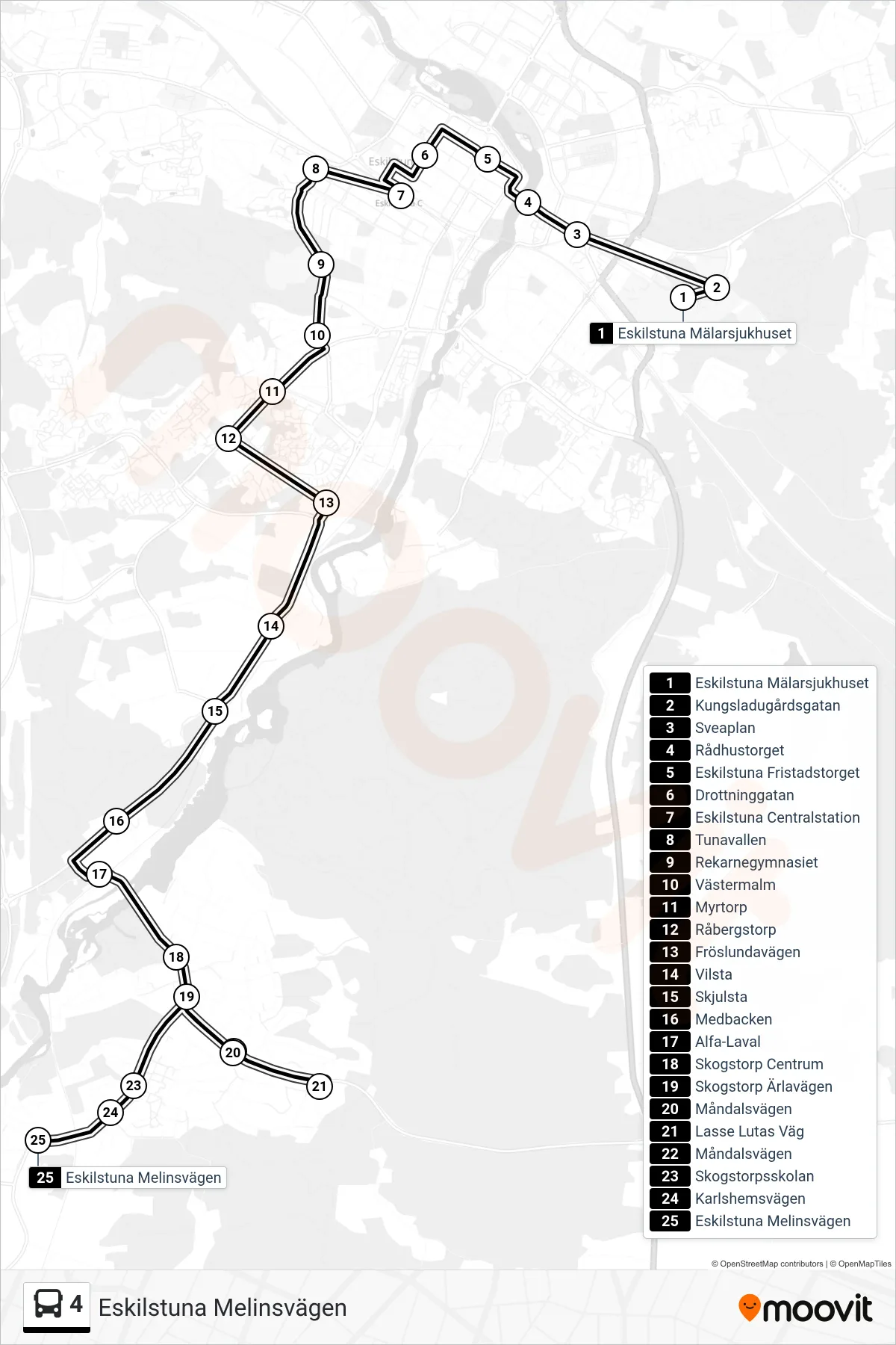 Rutt och hållplatser på karta för linje 4 buss, (Eskilstuna Melinsvägen)