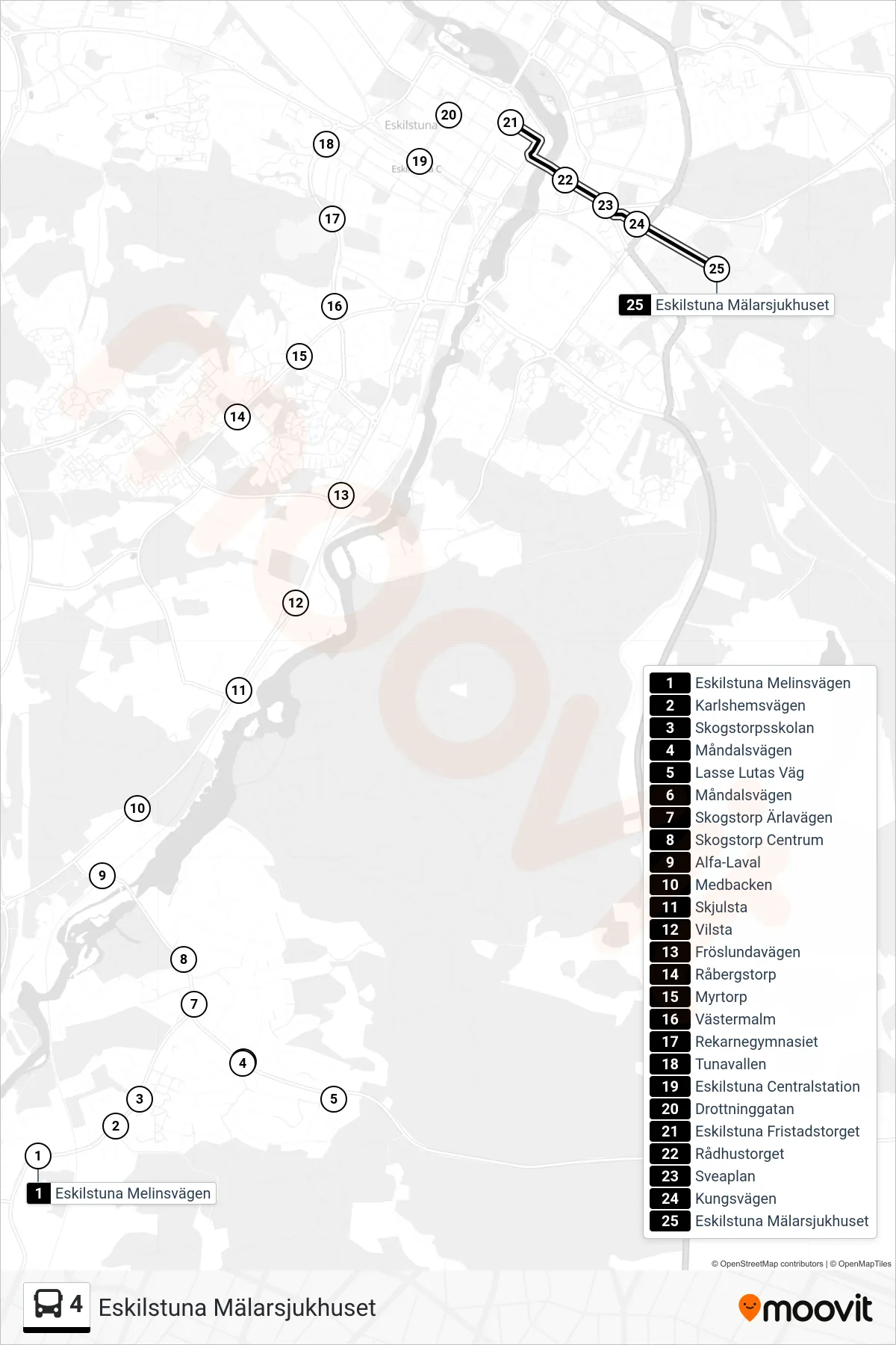 Rutt och hållplatser på karta för linje 4 buss, (Eskilstuna Mälarsjukhuset)