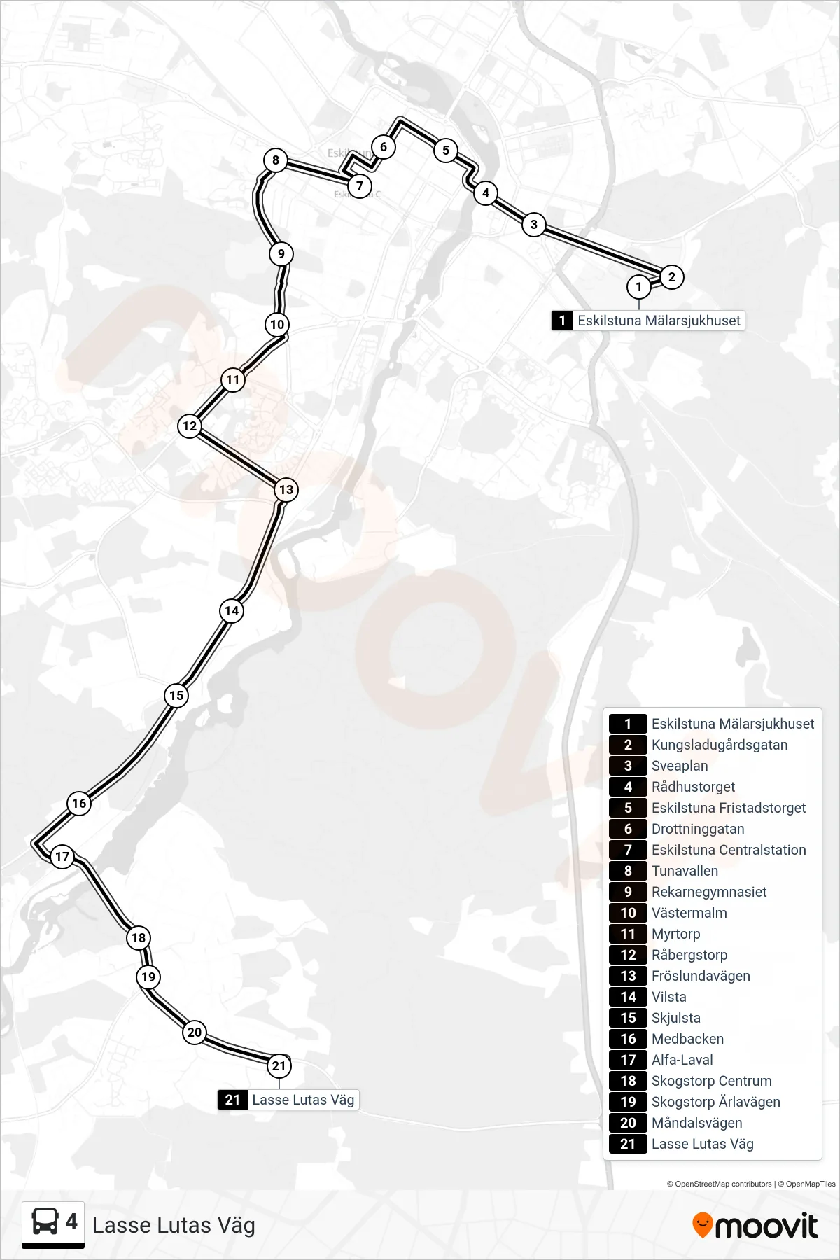 Rutt och hållplatser på karta för linje 4 buss, (Lasse Lutas Väg)