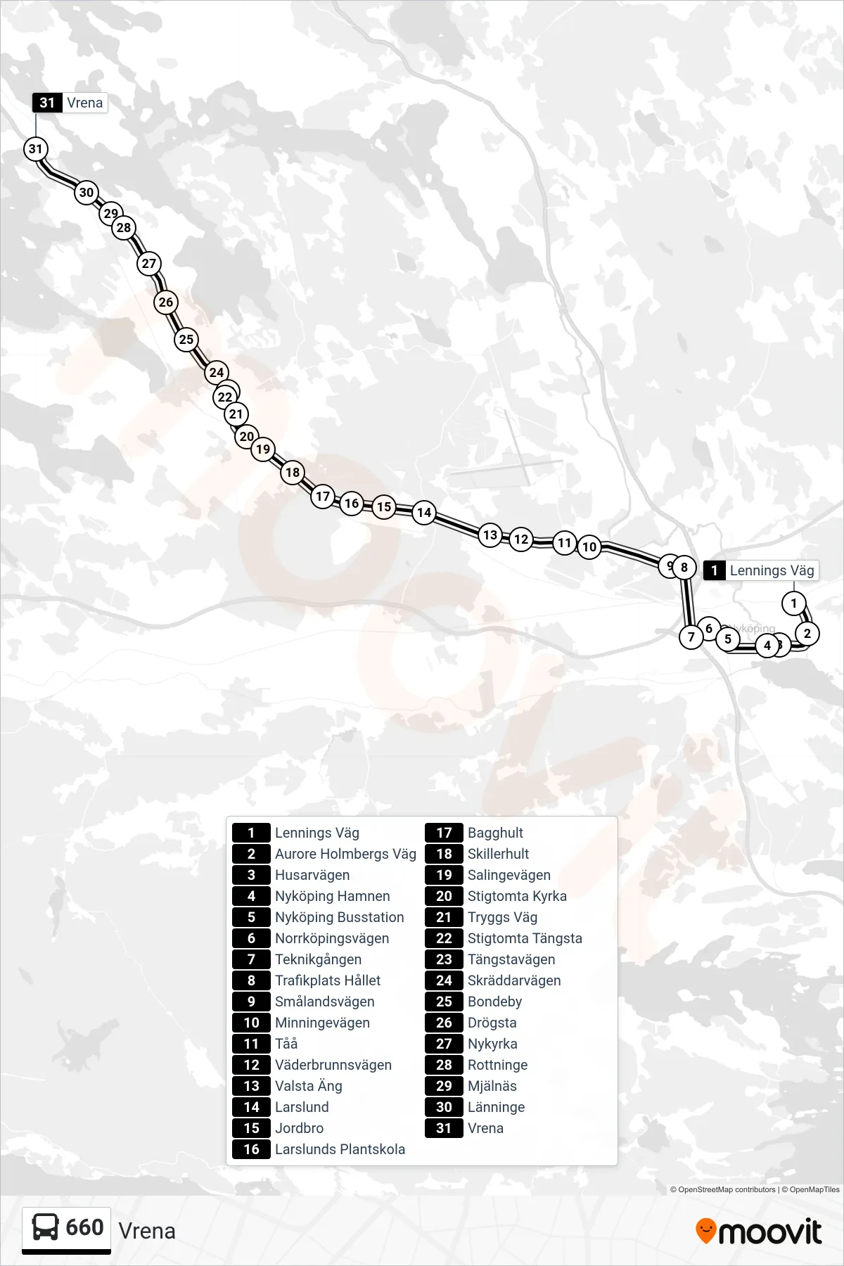Rutt och hållplatser på karta för linje 660  buss, (Vrena)