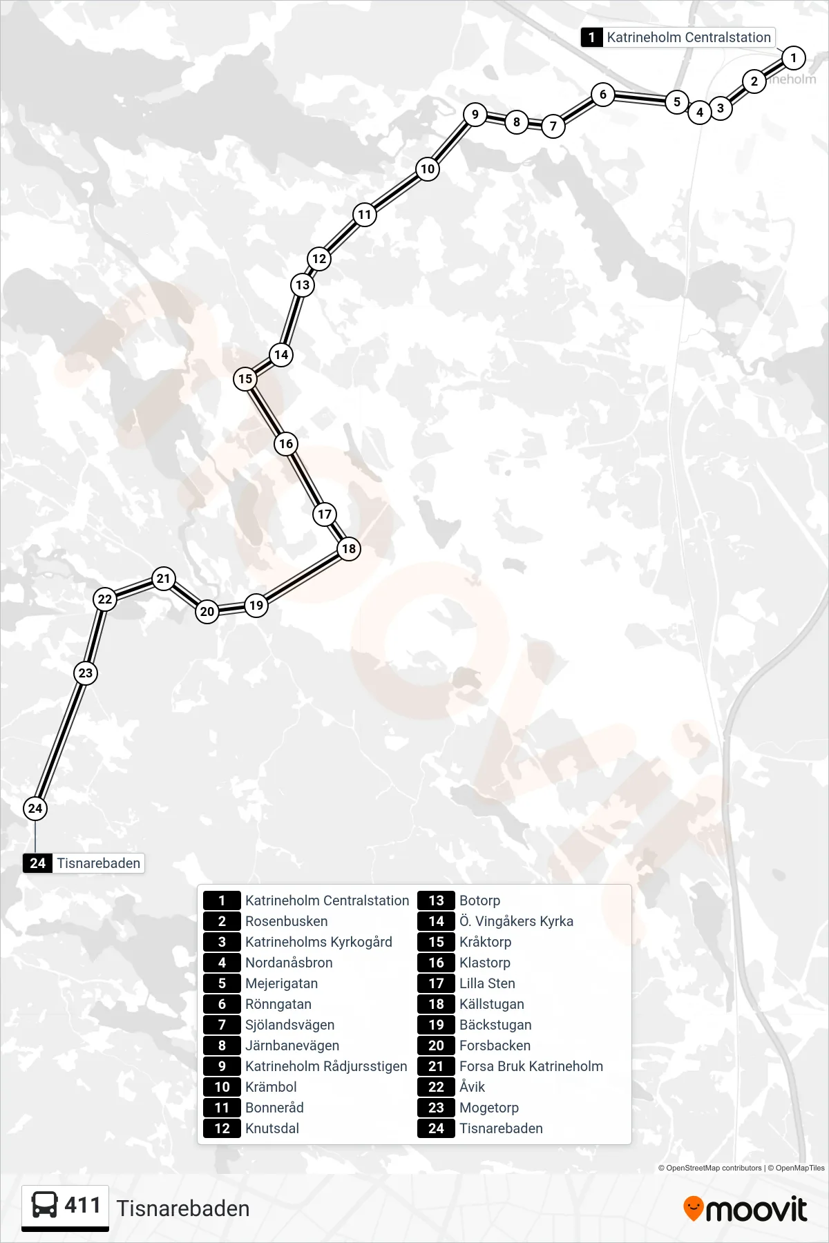 Rutt och hållplatser på karta för linje 411  buss, (Tisnarebaden)