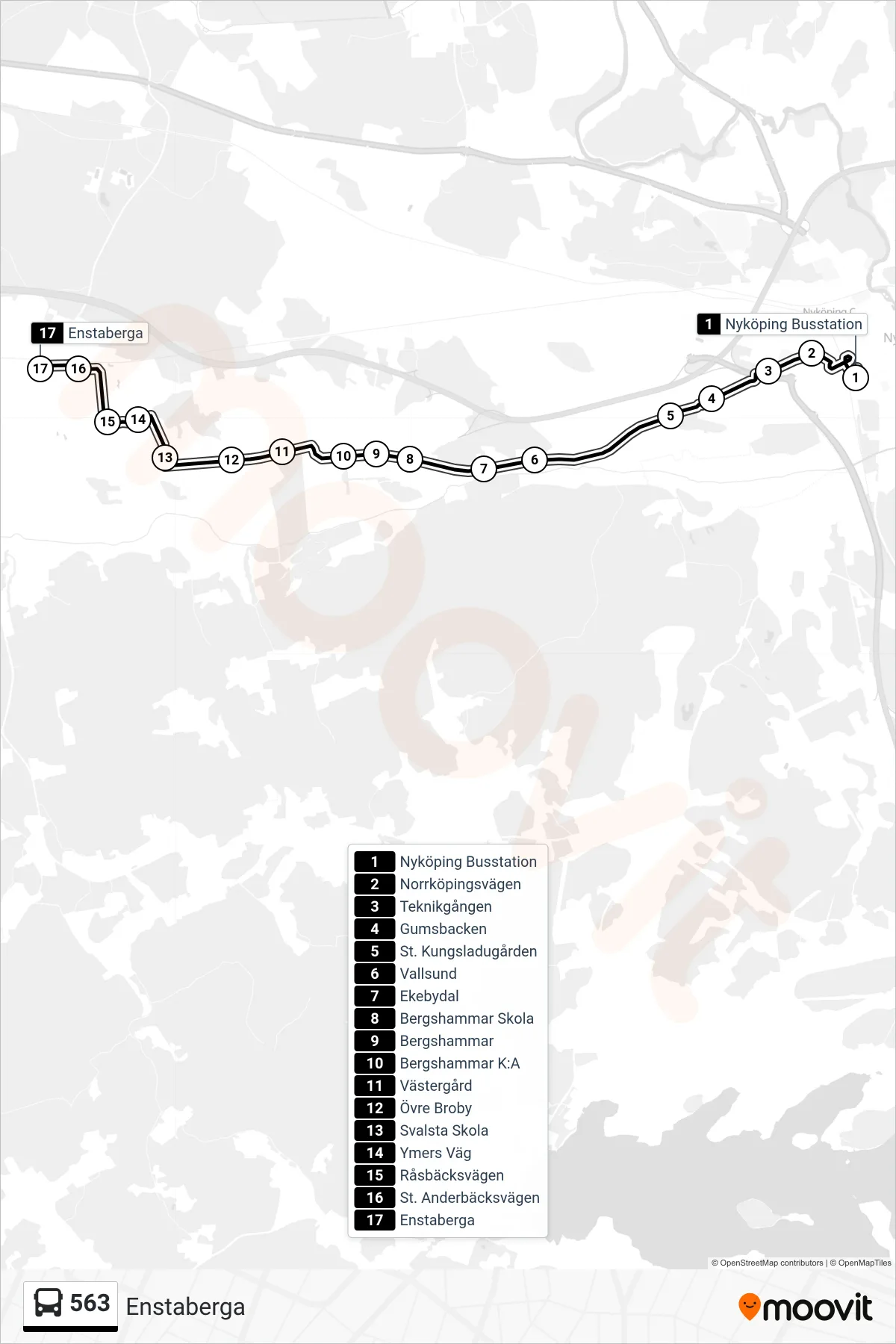 Rutt och hållplatser på karta för linje 563  buss, (Enstaberga)