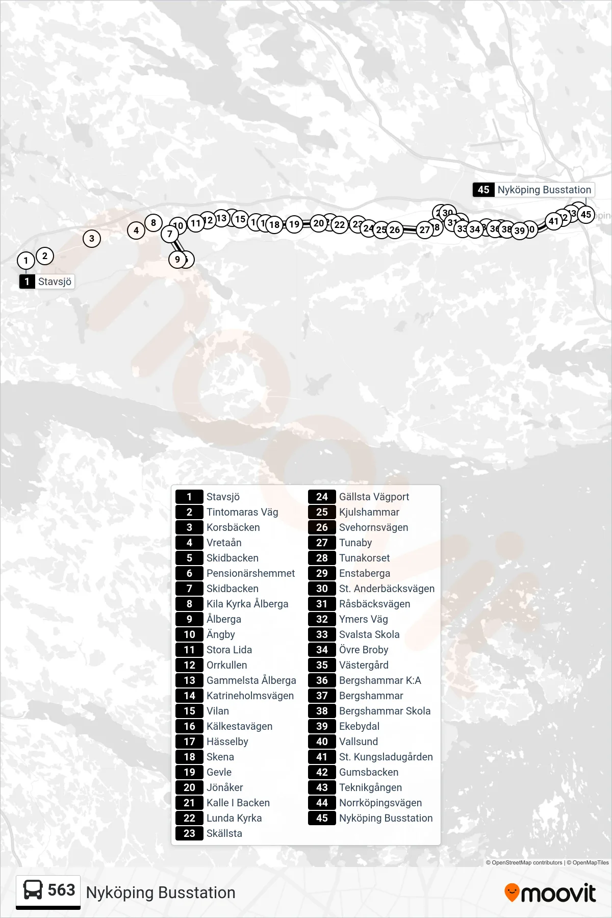 Rutt och hållplatser på karta för linje 563  buss, (Nyköping Busstation)