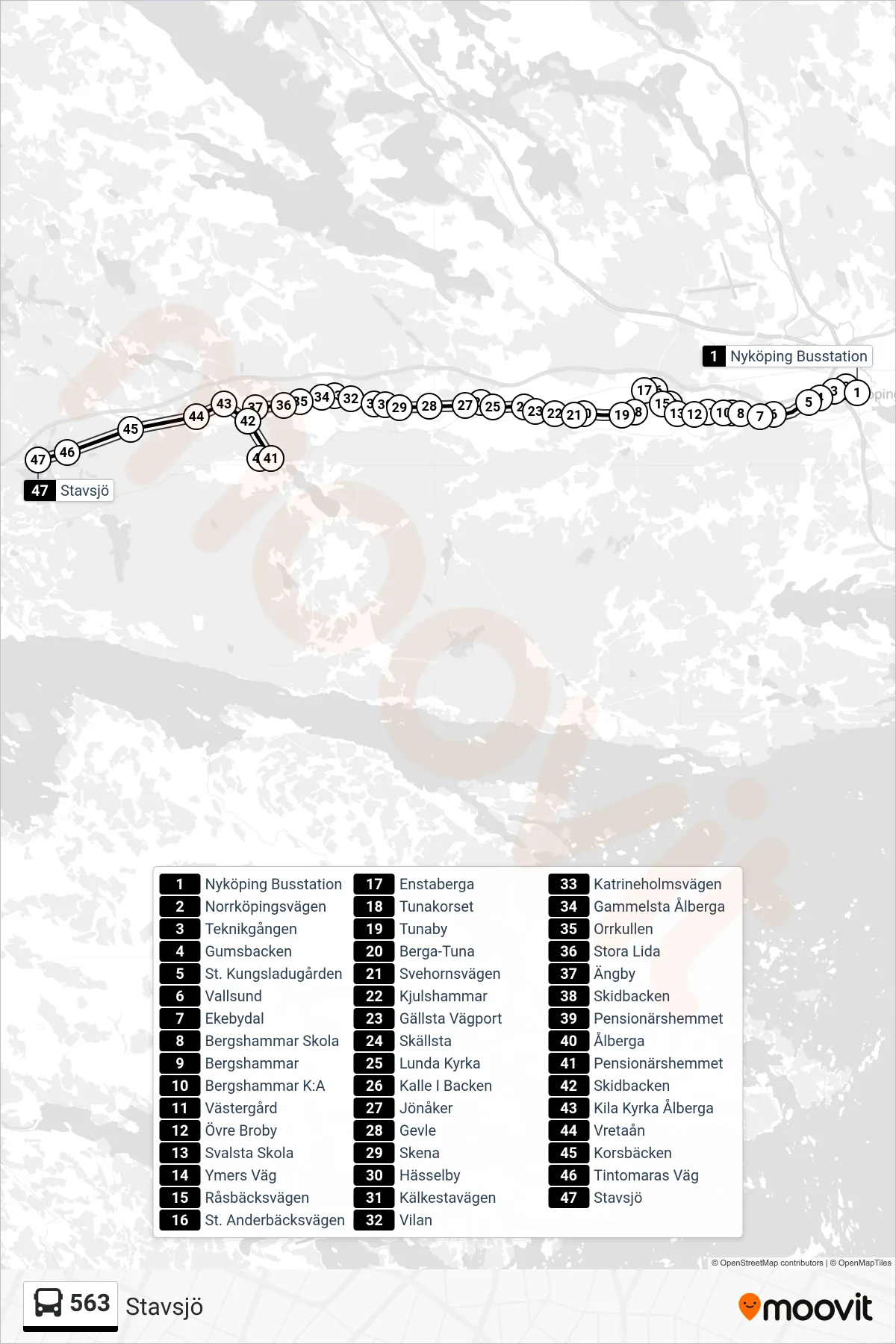 Rutt och hållplatser på karta för linje 563 buss, (Stavsjö)