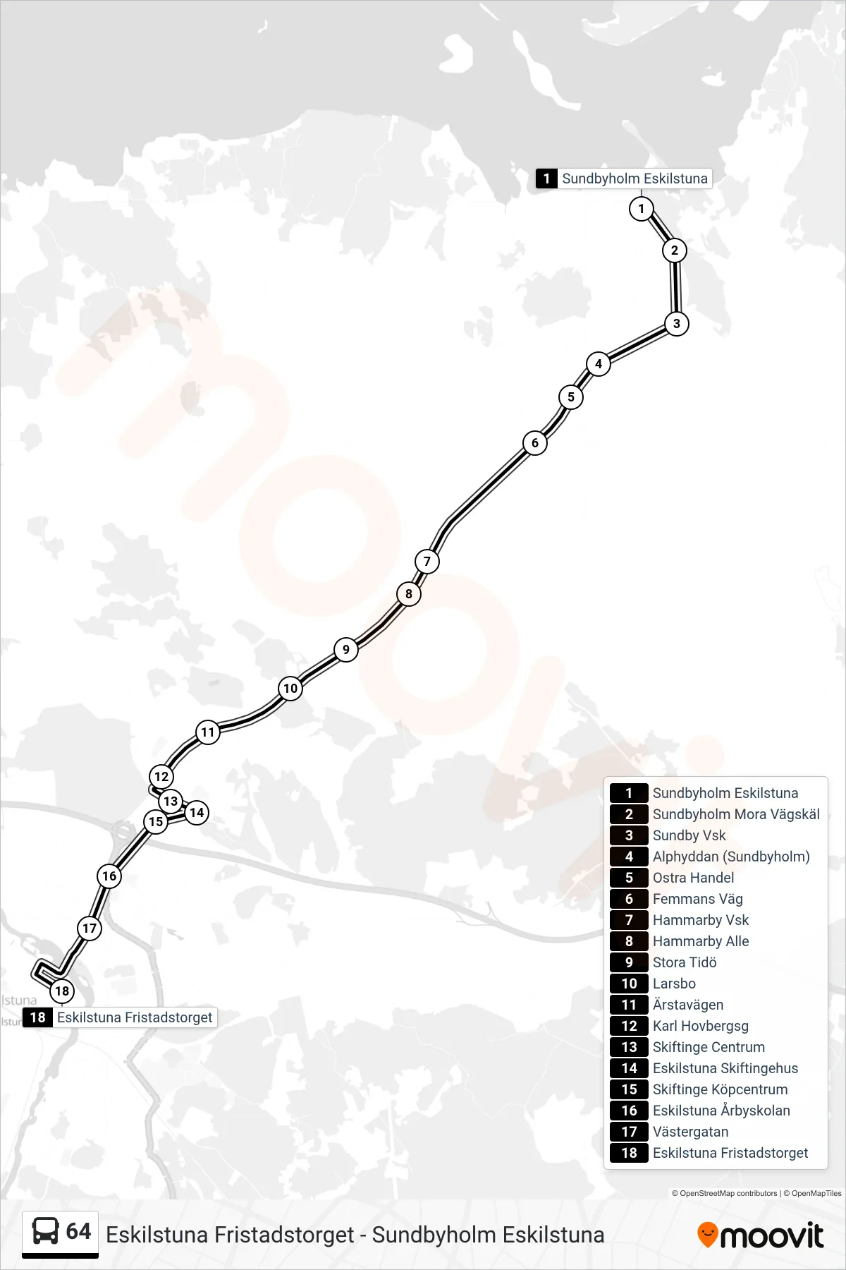 Rutt och hållplatser på karta för linje 64  buss, (Eskilstuna Fristadstorget)