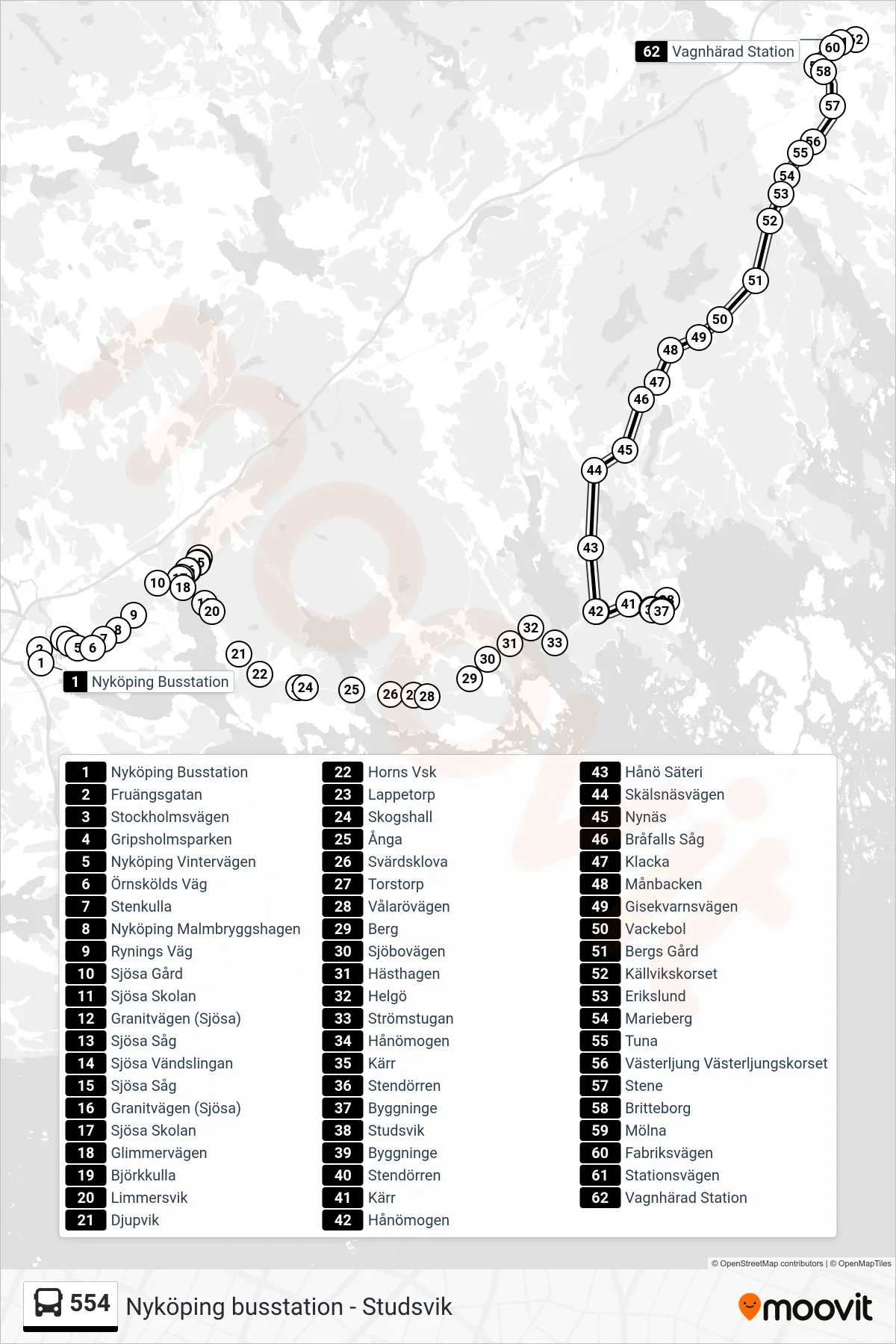 Rutt och hållplatser på karta för linje 554  buss, (Vagnhärad Station)