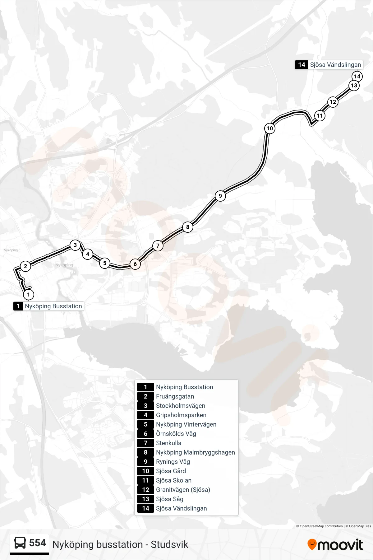 Rutt och hållplatser på karta för linje 554 buss, (Sjösa Vändslingan)