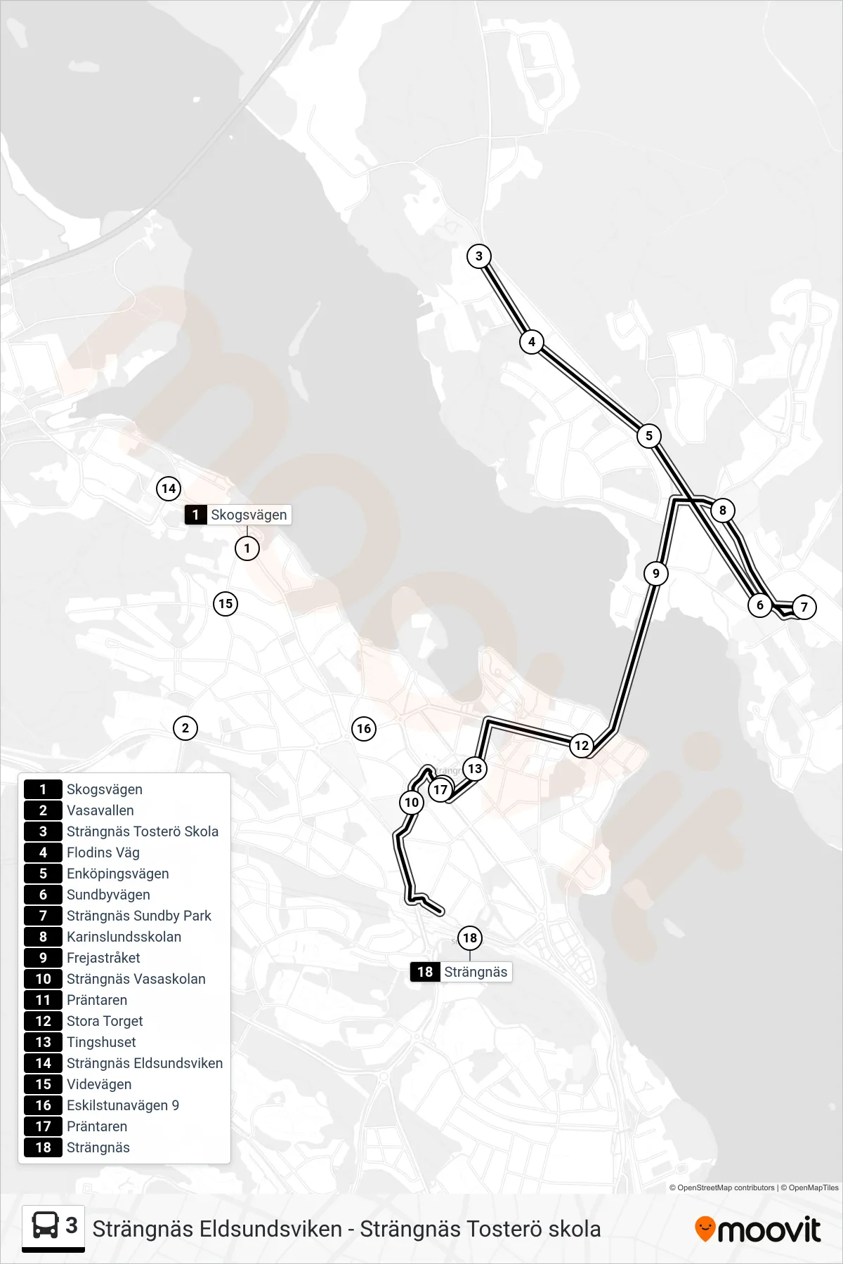 Rutt och hållplatser på karta för linje 3 buss, (Strängnäs Station)