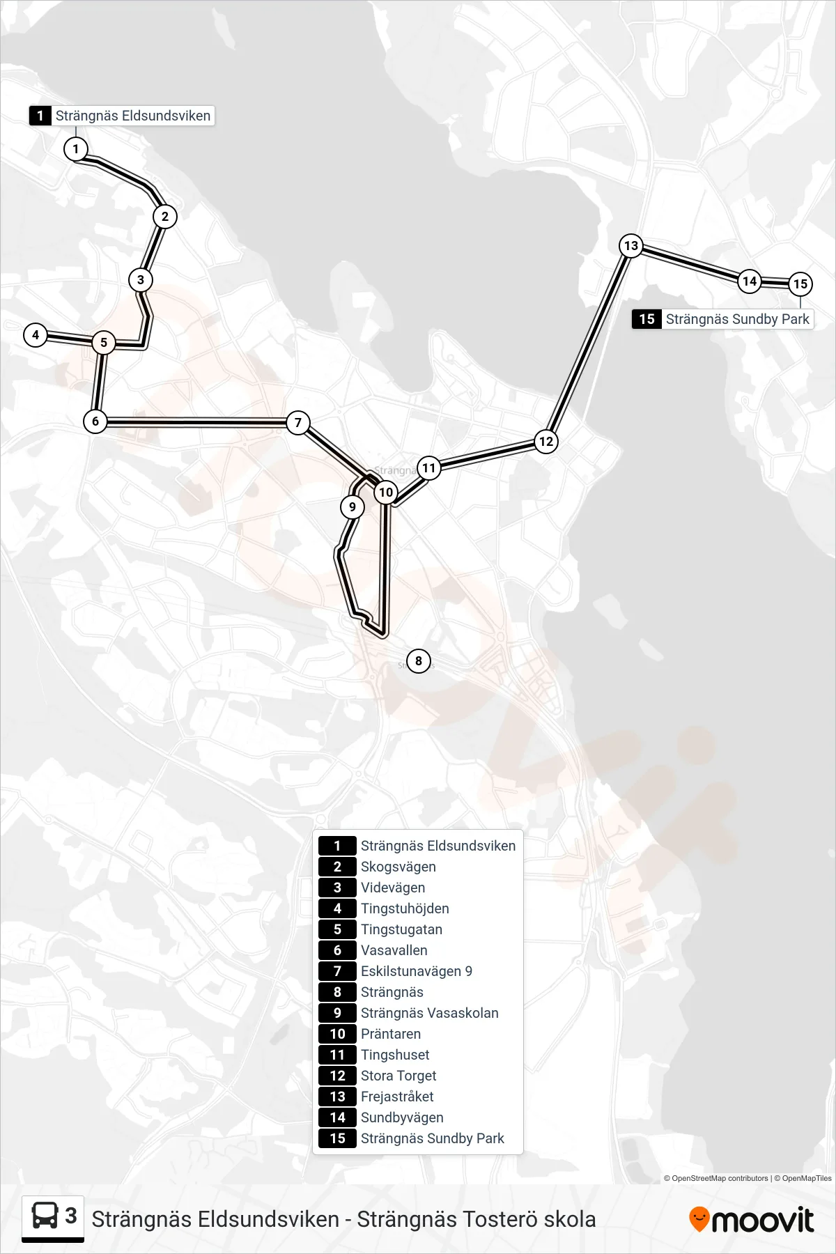 Rutt och hållplatser på karta för linje 3  buss, (Strängnäs Sundby Park)