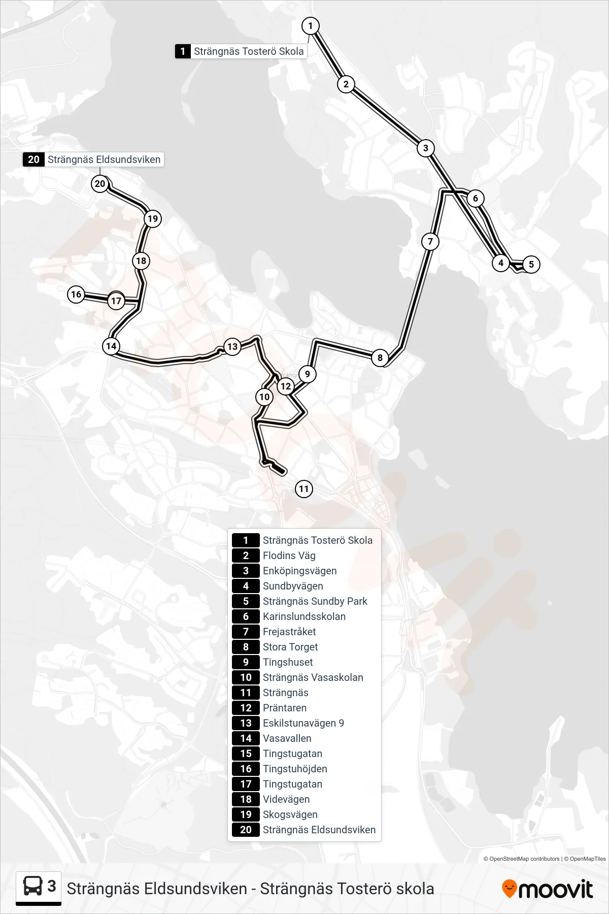 Rutt och hållplatser på karta för linje 3  buss, (Strängnäs Eldsundsviken)