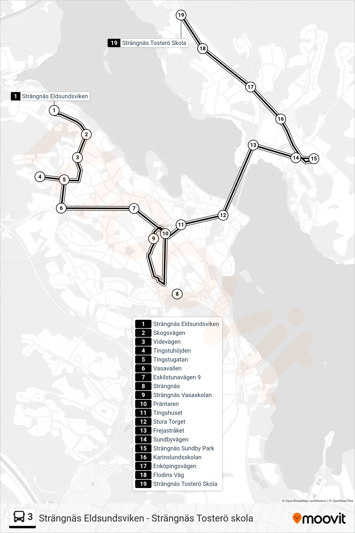 Rutt och hållplatser på karta för linje 3 buss, (Strängnäs Tosterö Skola)