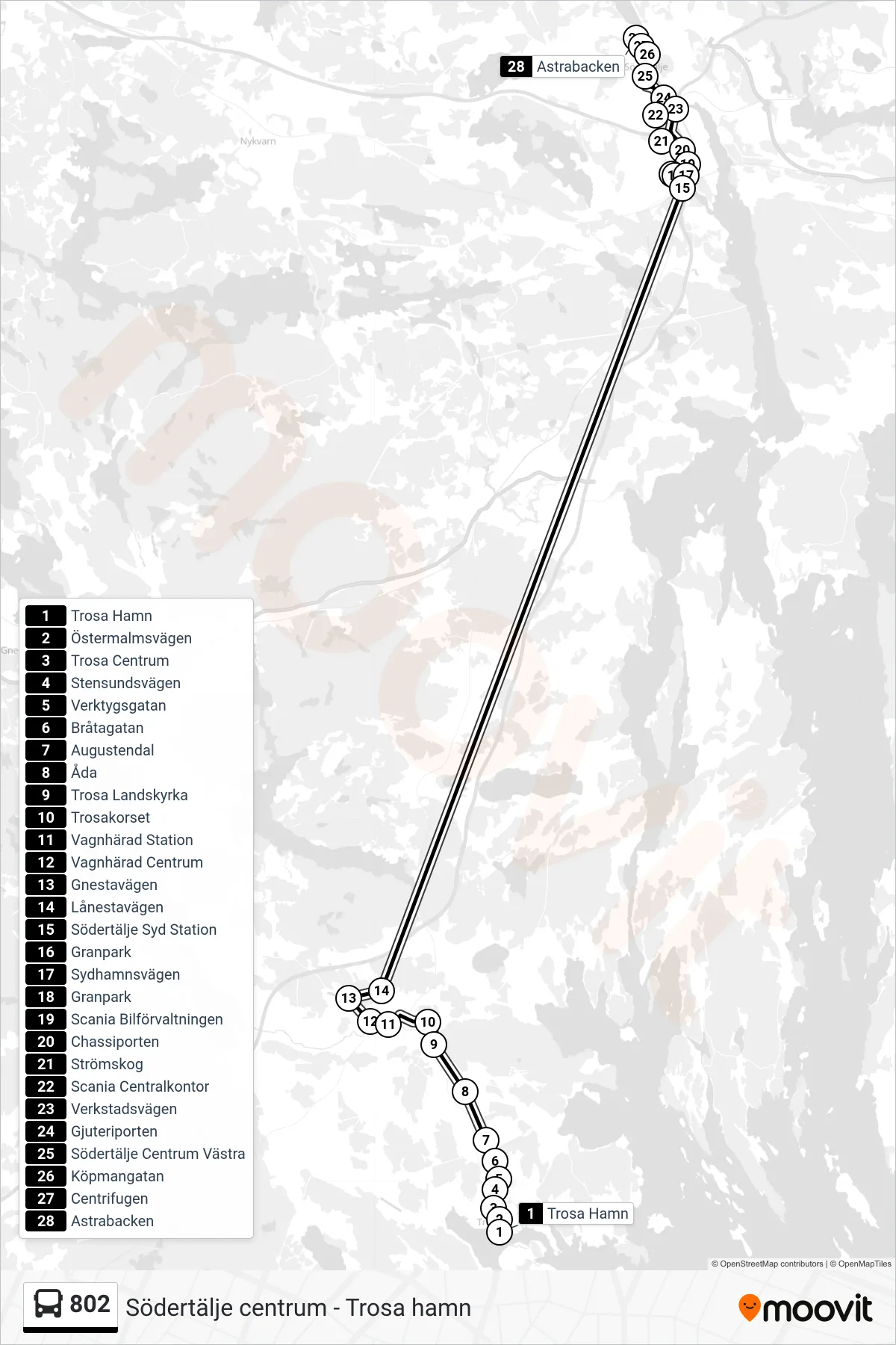 Rutt och hållplatser på karta för linje 802 buss, (Astrabacken)