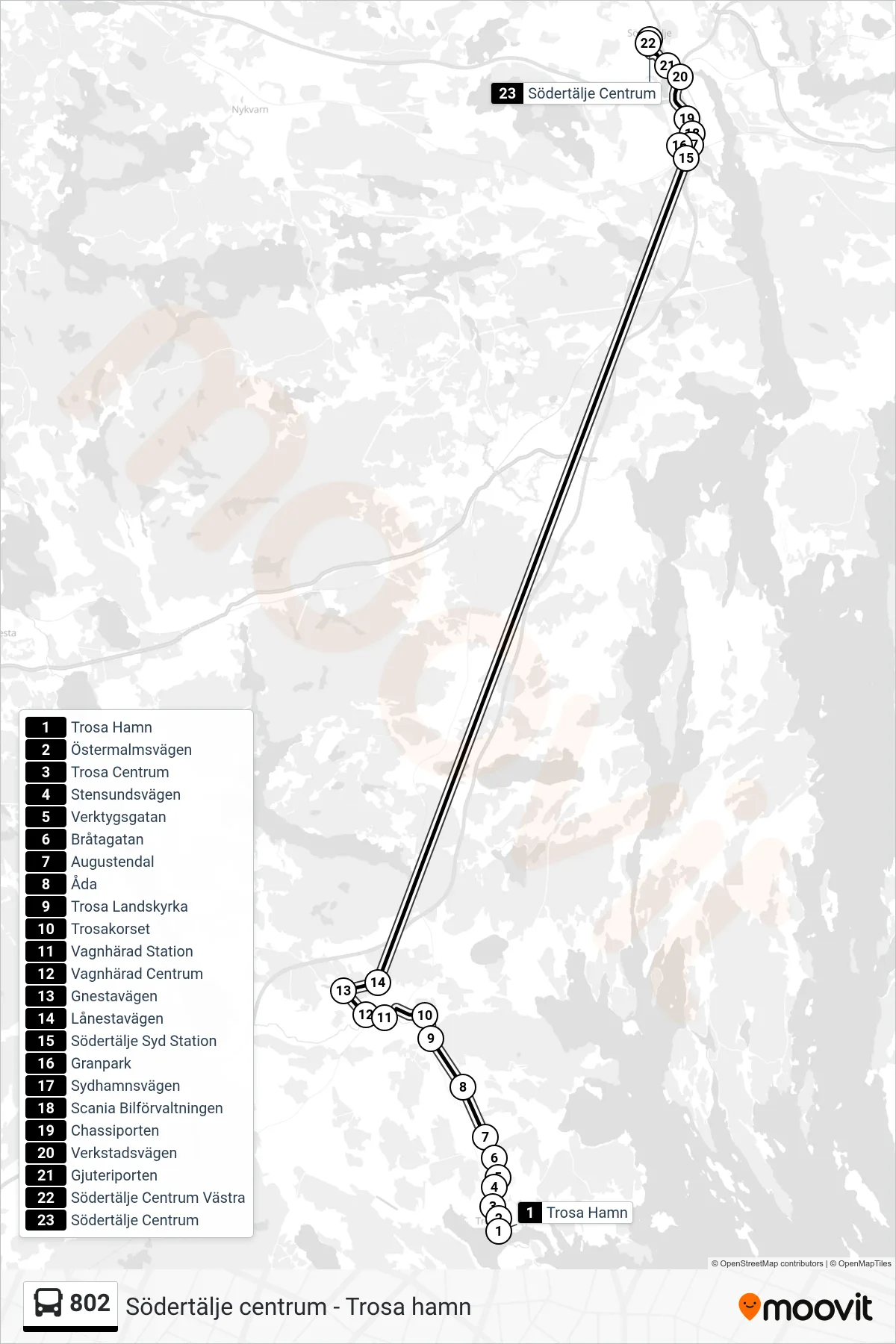 Rutt och hållplatser på karta för linje 802  buss, (Södertälje Centrum Station)