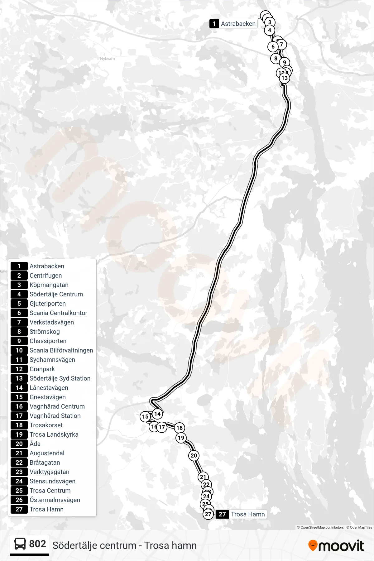 Rutt och hållplatser på karta för linje 802  buss, (Trosa Hamn)