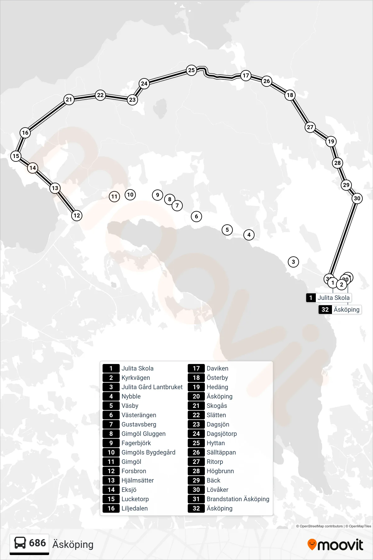 Rutt och hållplatser på karta för linje 686 buss, (Äsköping)
