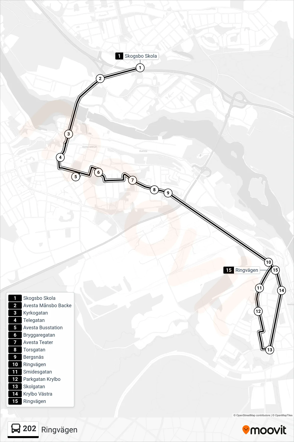 Rutt och hållplatser på karta för linje 202 buss, (Ringvägen)