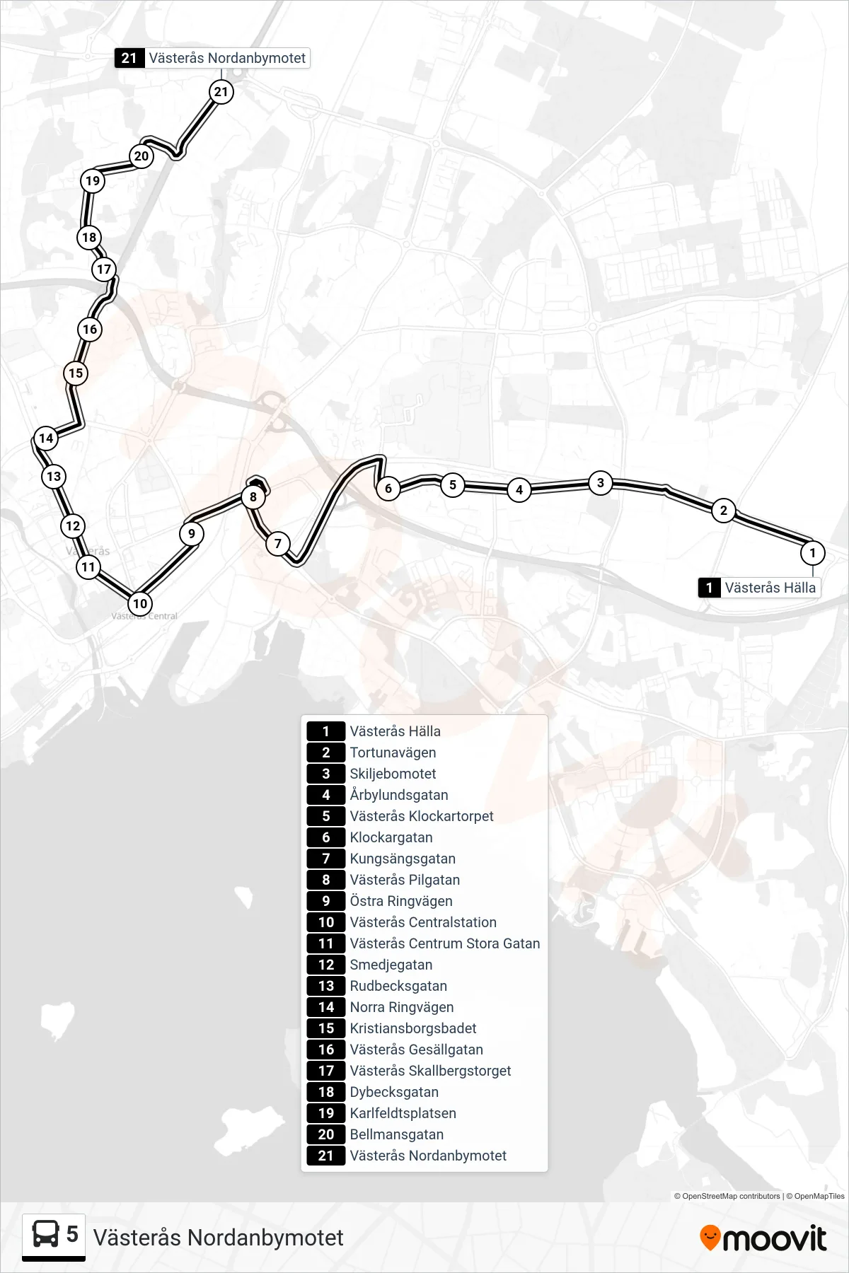 Rutt och hållplatser på karta för linje 5 buss, (Västerås Nordanbymotet)