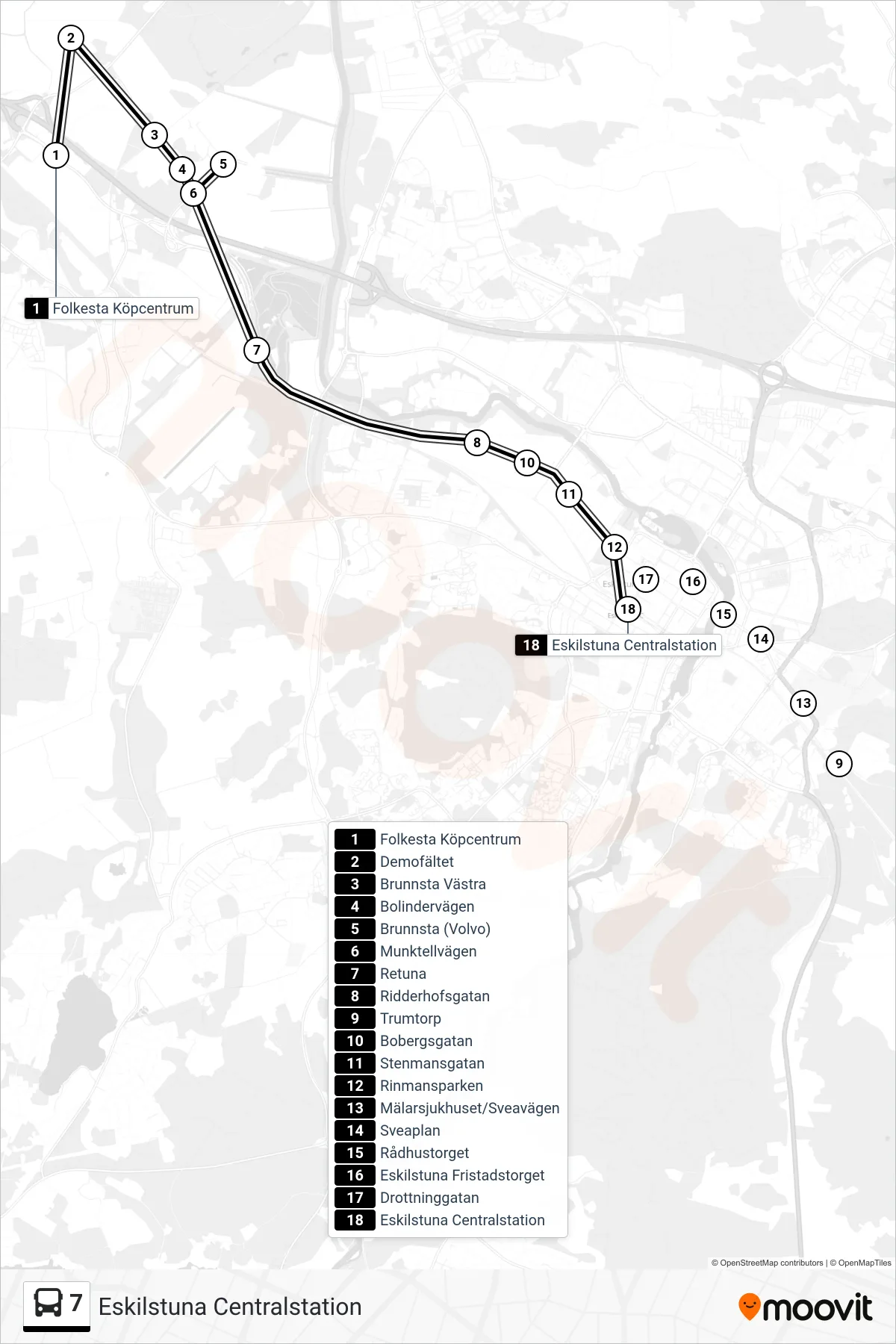Rutt och hållplatser på karta för linje 7 buss, (Eskilstuna Centralstation)