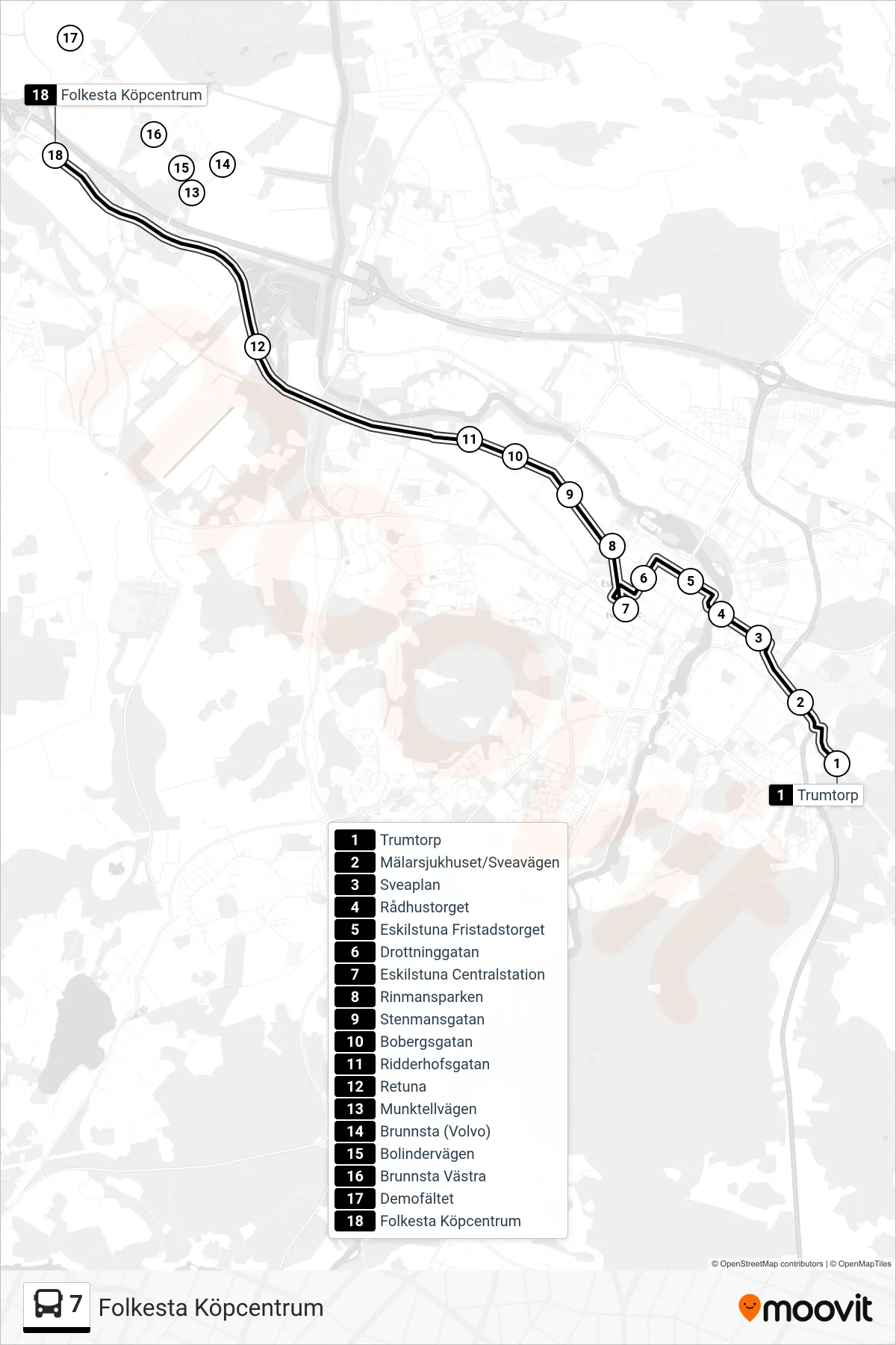 Rutt och hållplatser på karta för linje 7 buss, (Folkesta Köpcentrum)