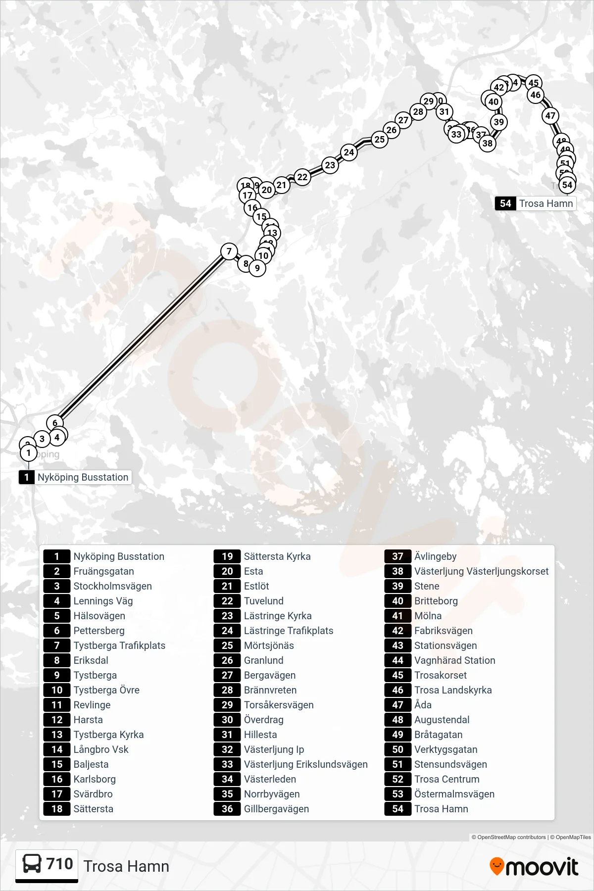 Rutt och hållplatser på karta för linje 710 buss, (Trosa Hamn)