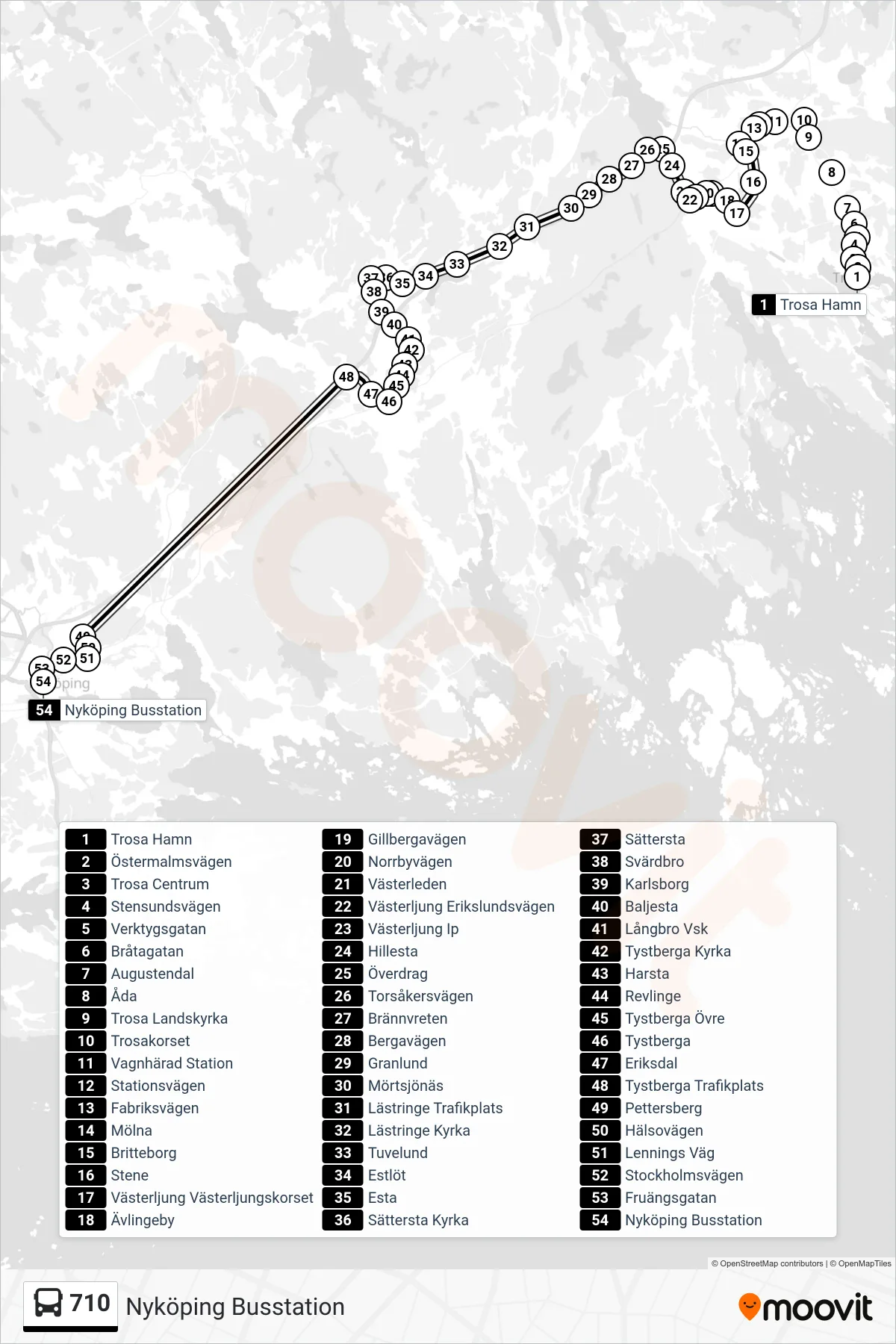 Rutt och hållplatser på karta för linje 710 buss, (Nyköping Busstation)