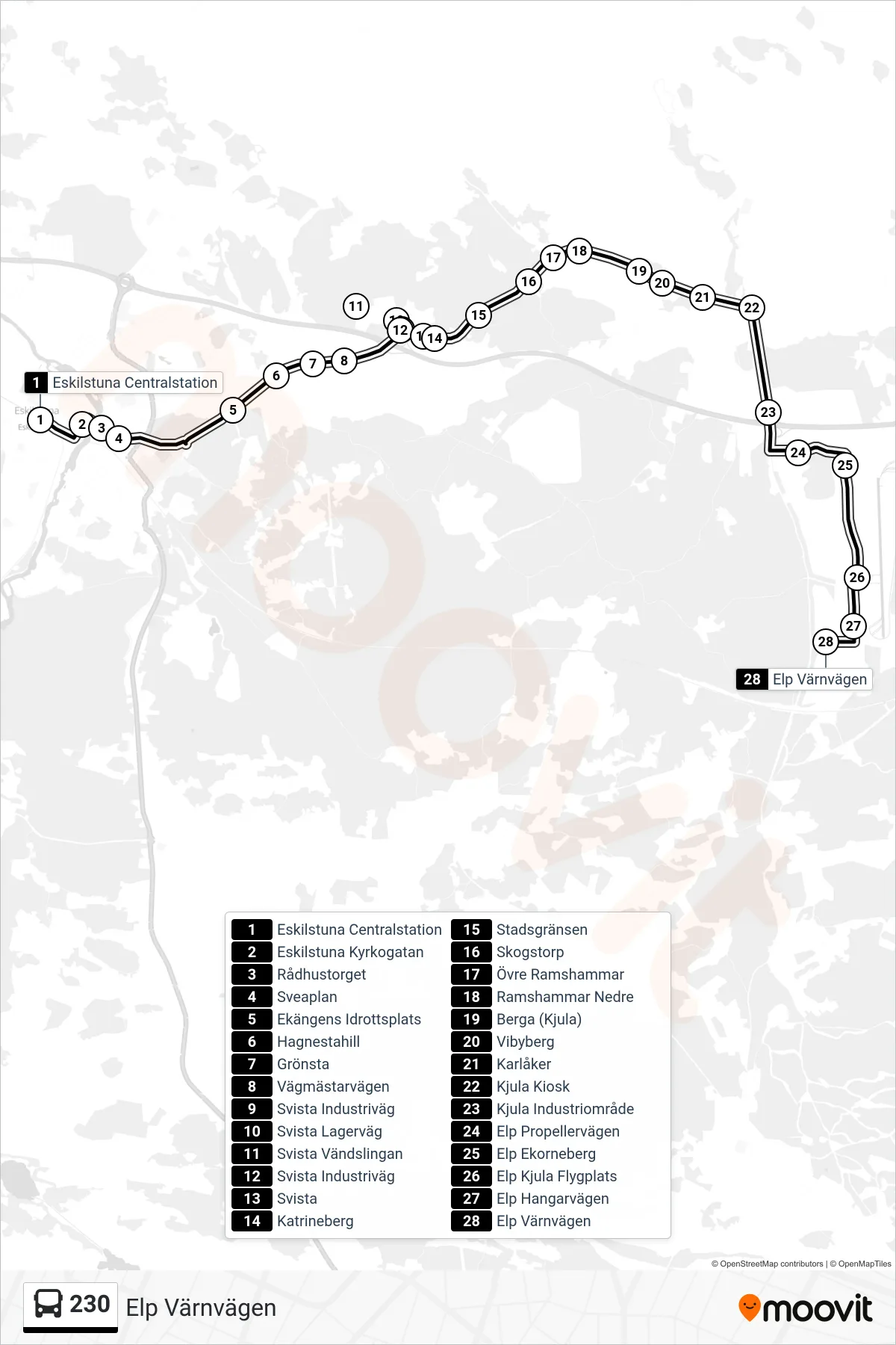 Rutt och hållplatser på karta för linje 230  buss, (Elp Värnvägen)