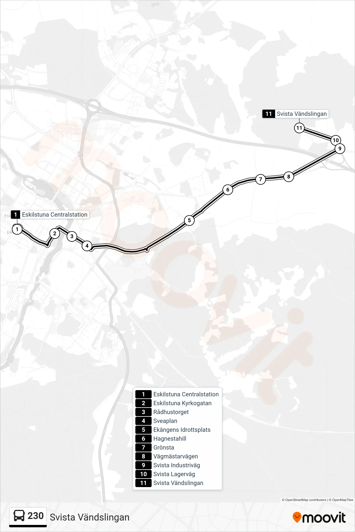 Rutt och hållplatser på karta för linje 230 buss, (Svista Vändslingan)