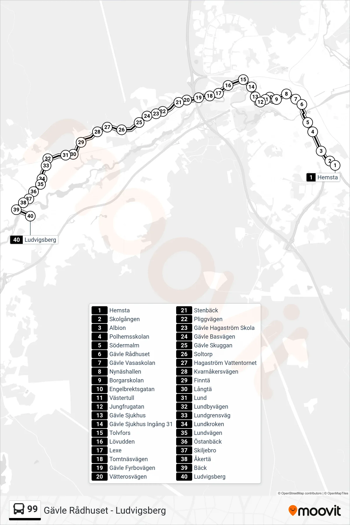 Rutt och hållplatser på karta för linje 99  spårvagn, (Ludvigsberg)