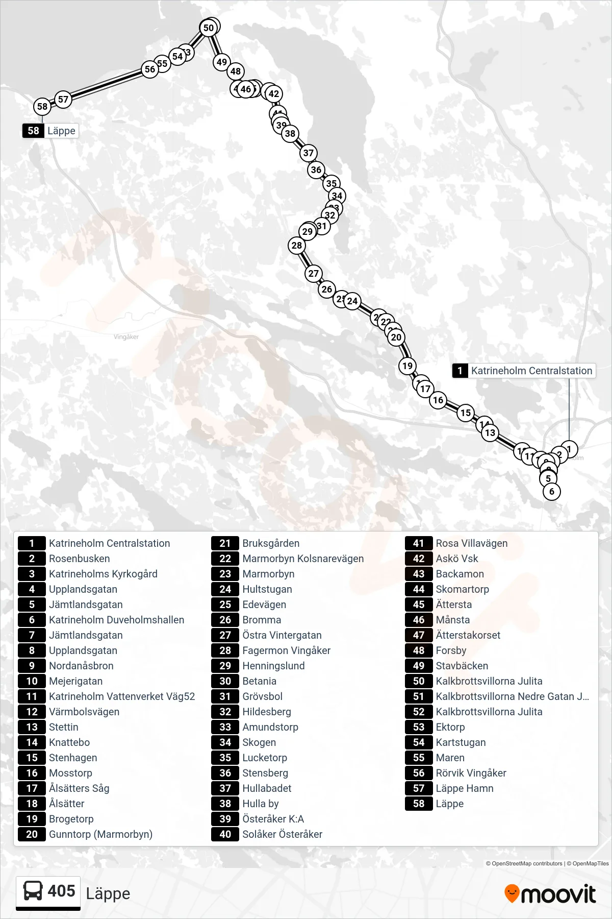 Rutt och hållplatser på karta för linje 405  buss, (Läppe)