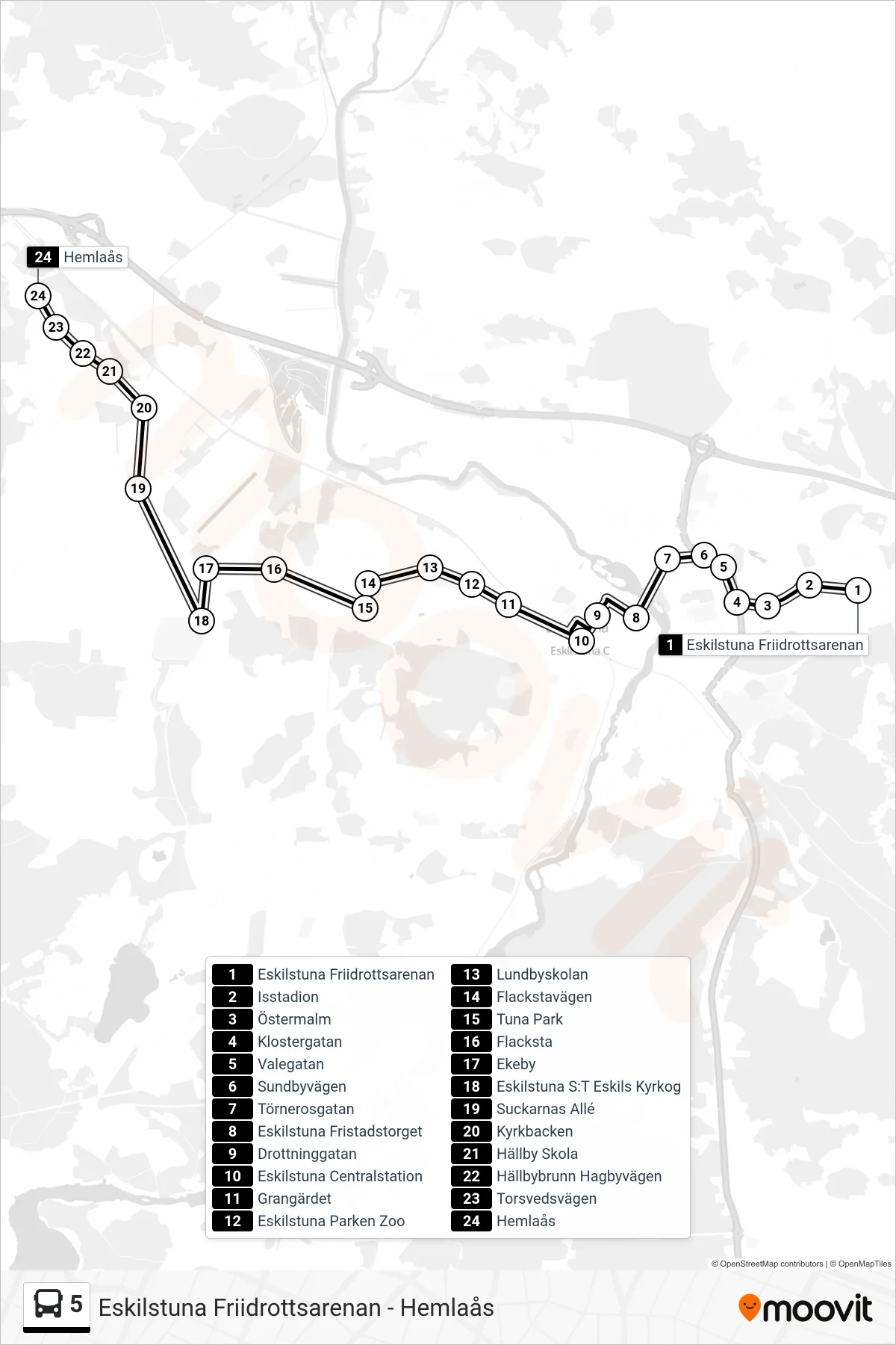 Rutt och hållplatser på karta för linje 5 buss, (Hemlaås)