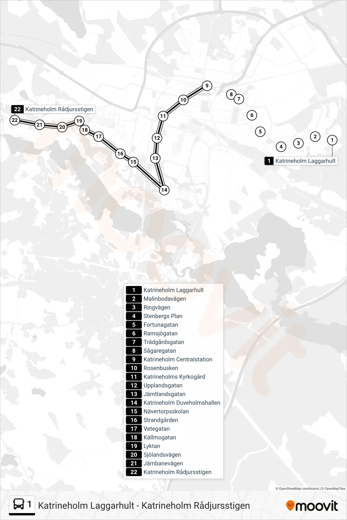 Rutt och hållplatser på karta för linje 1 buss, (Katrineholm Rådjursstigen)