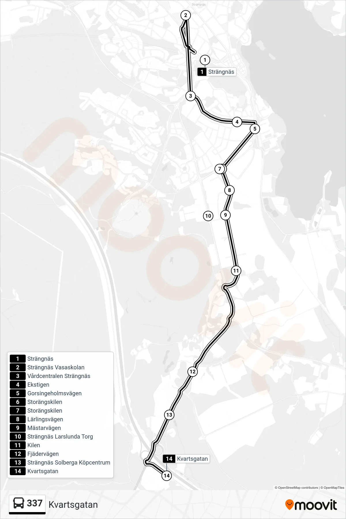 Rutt och hållplatser på karta för linje 337  buss, (Kvartsgatan)