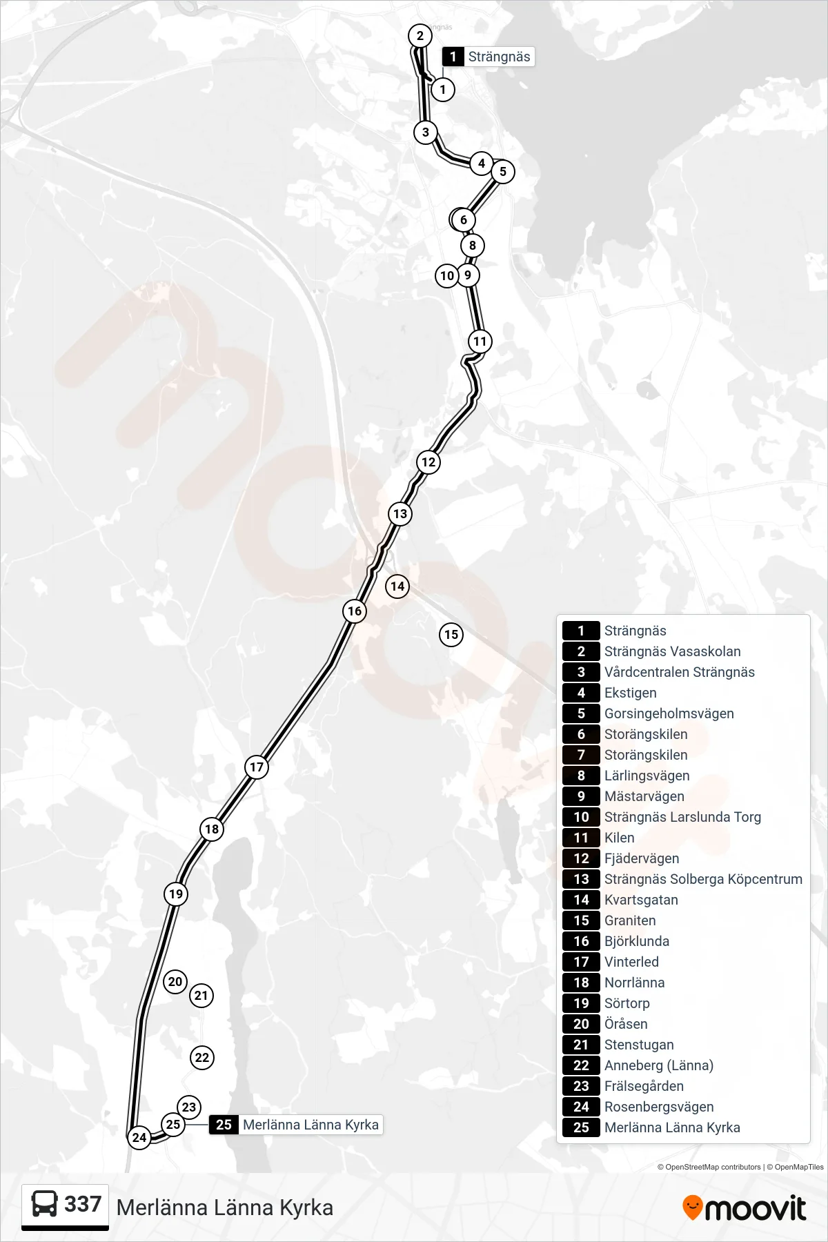 Rutt och hållplatser på karta för linje 337 buss, (Merlänna Länna Kyrka)