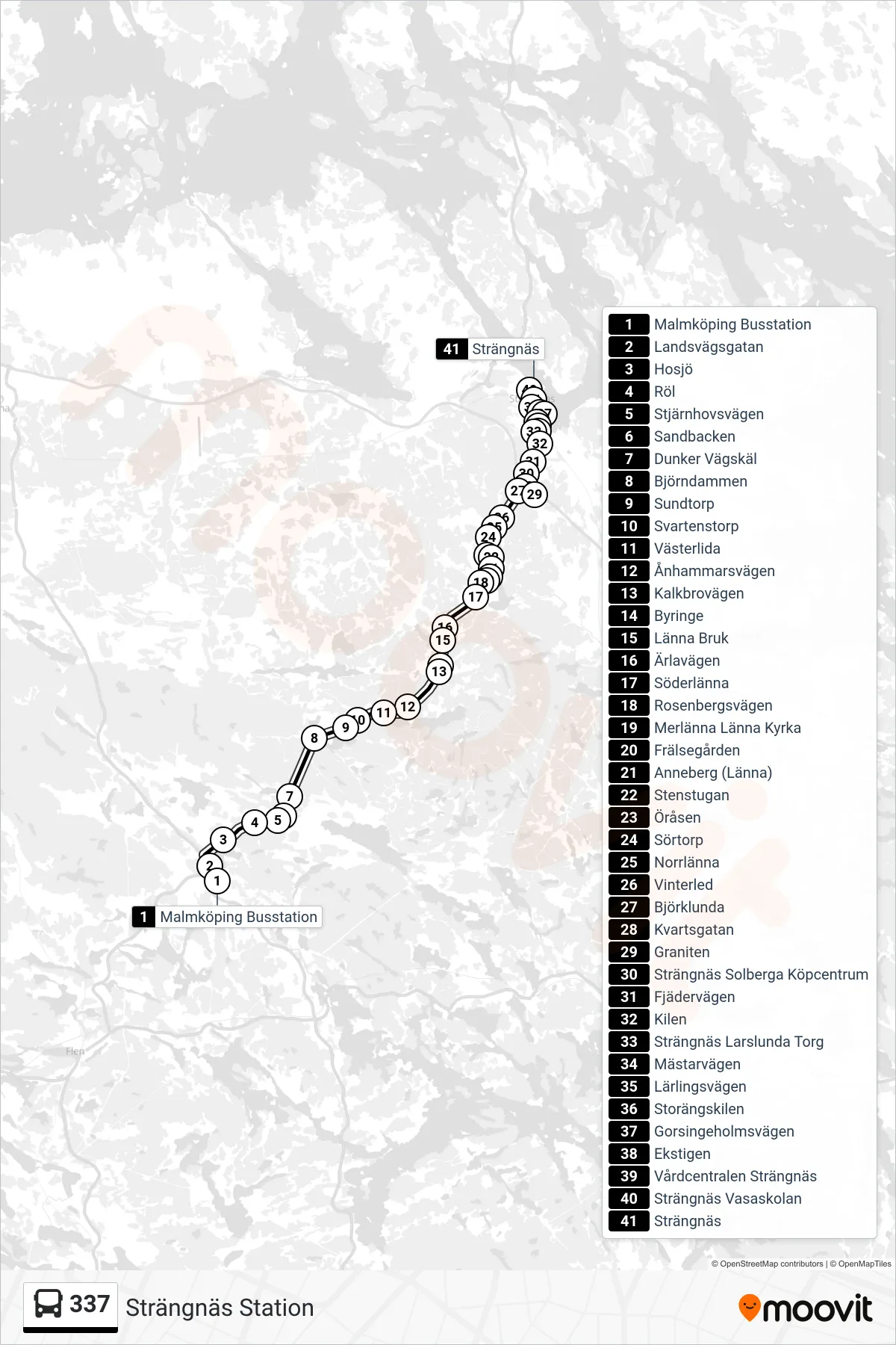 Rutt och hållplatser på karta för linje 337 buss, (Strängnäs Station)