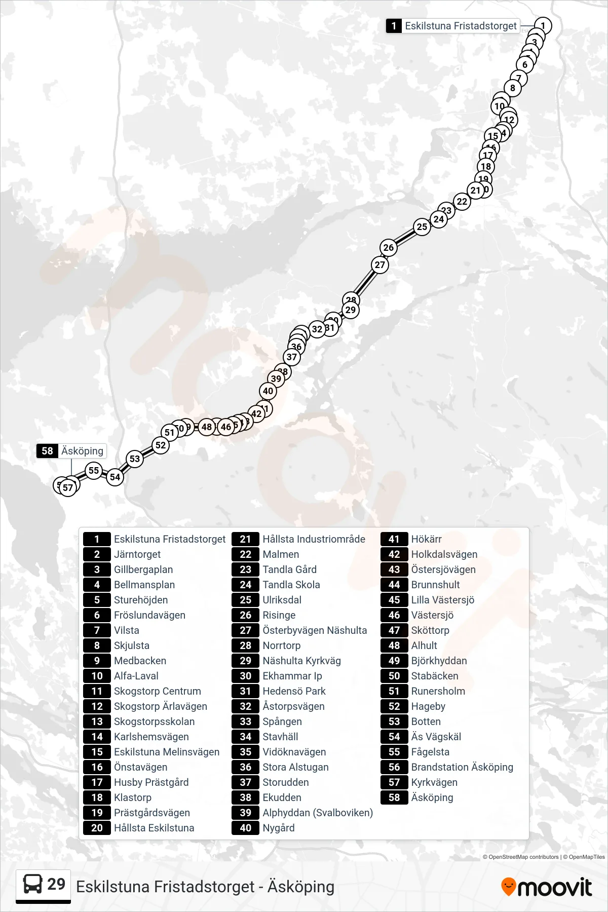 Rutt och hållplatser på karta för linje 29  buss, (Äsköping)