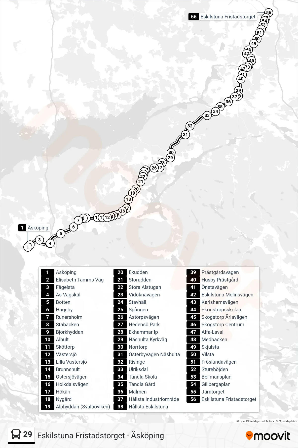 Rutt och hållplatser på karta för linje 29 buss, (Eskilstuna Fristadstorget)