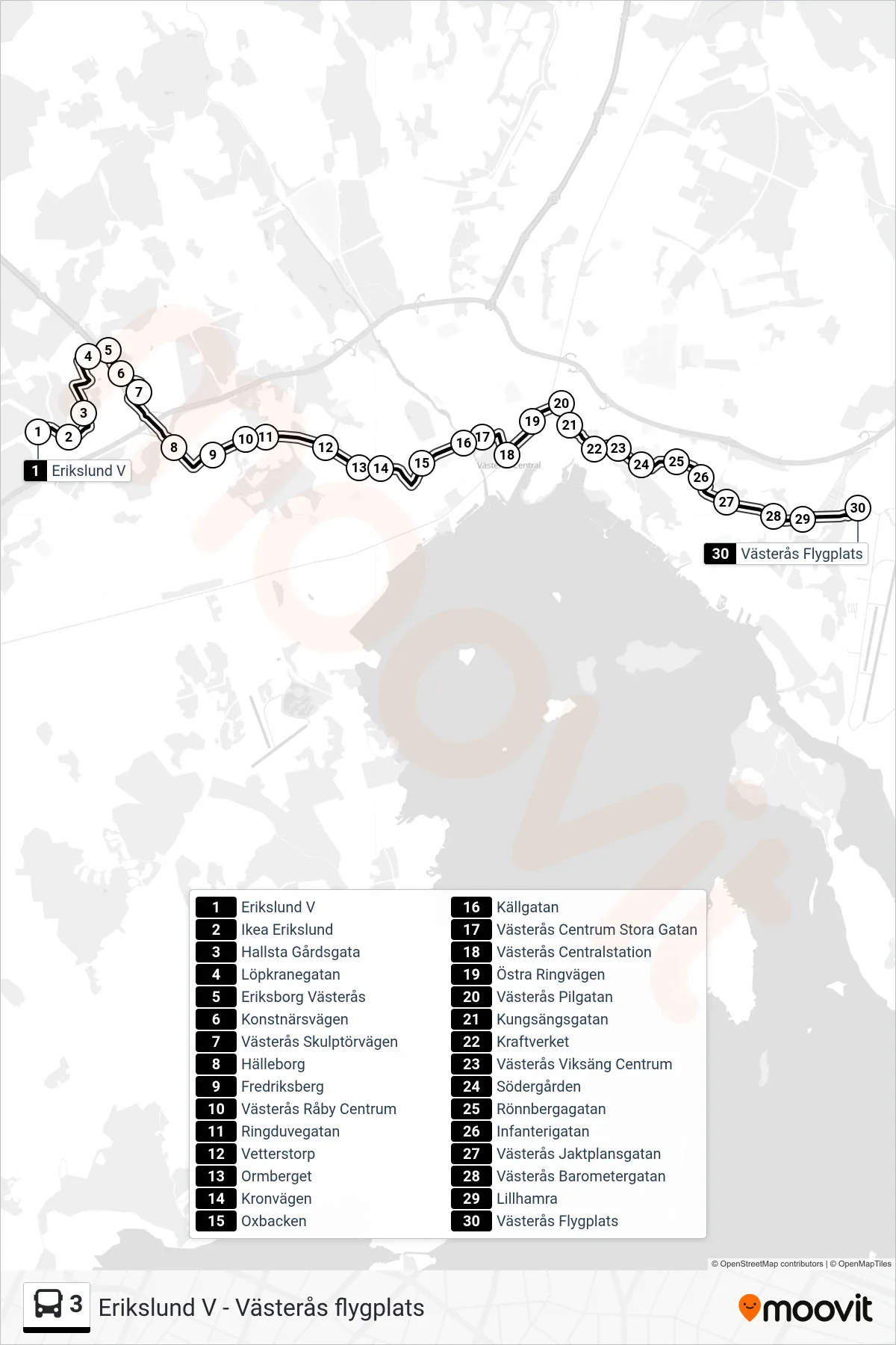 Rutt och hållplatser på karta för linje 3  buss, (Västerås Flygplats)
