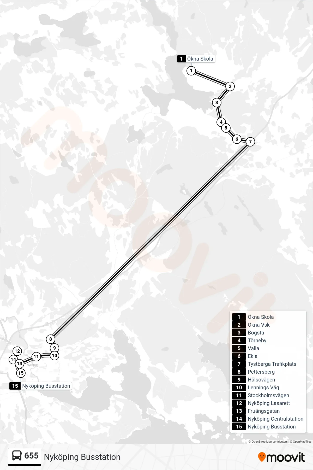 Rutt och hållplatser på karta för linje 655  buss, (Nyköping Busstation)
