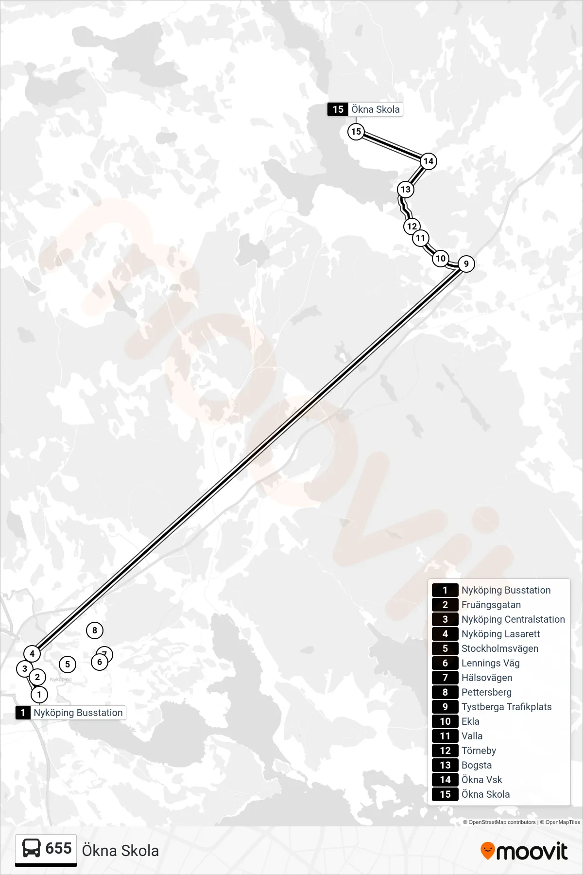 Rutt och hållplatser på karta för linje 655  buss, (Ökna Skola)