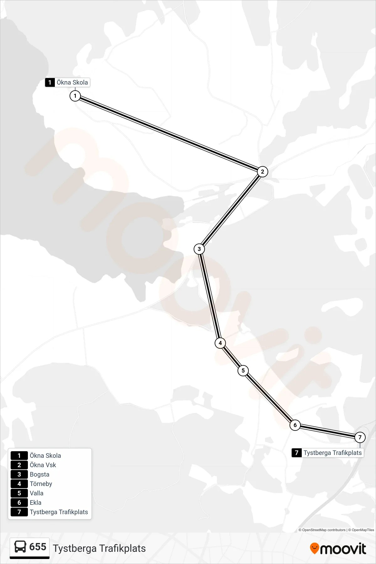 Rutt och hållplatser på karta för linje 655  buss, (Tystberga Trafikplats)