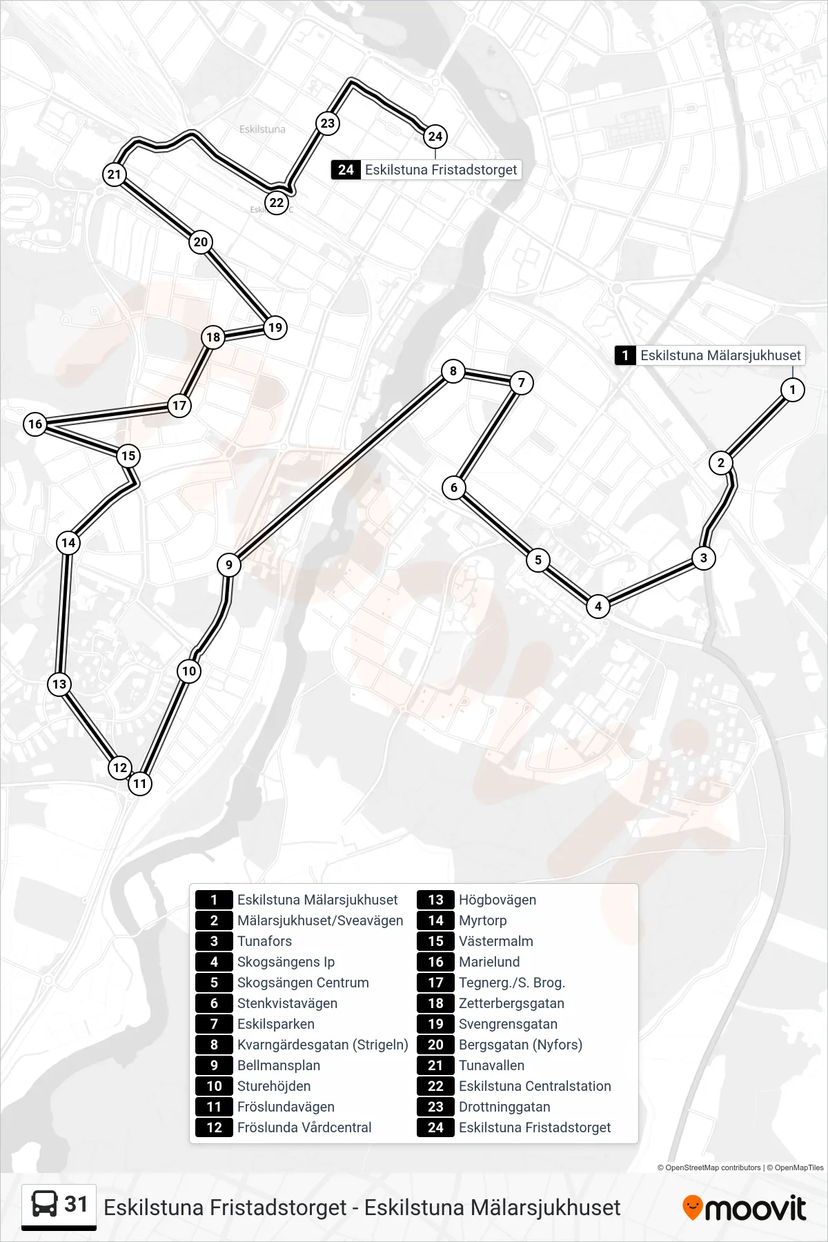 Rutt och hållplatser på karta för linje 31 buss, (Eskilstuna Fristadstorget)