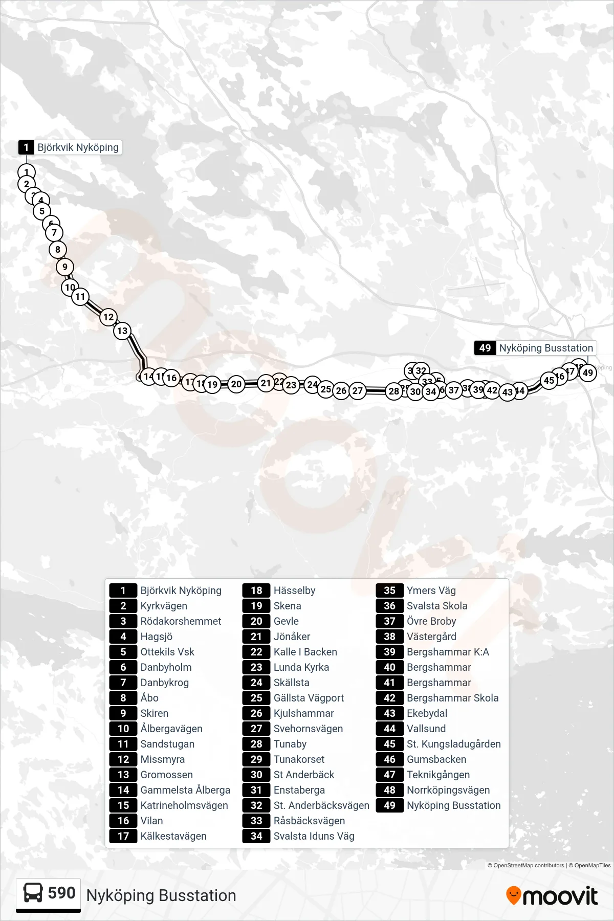 Rutt och hållplatser på karta för linje 590  buss, (Nyköping Busstation)