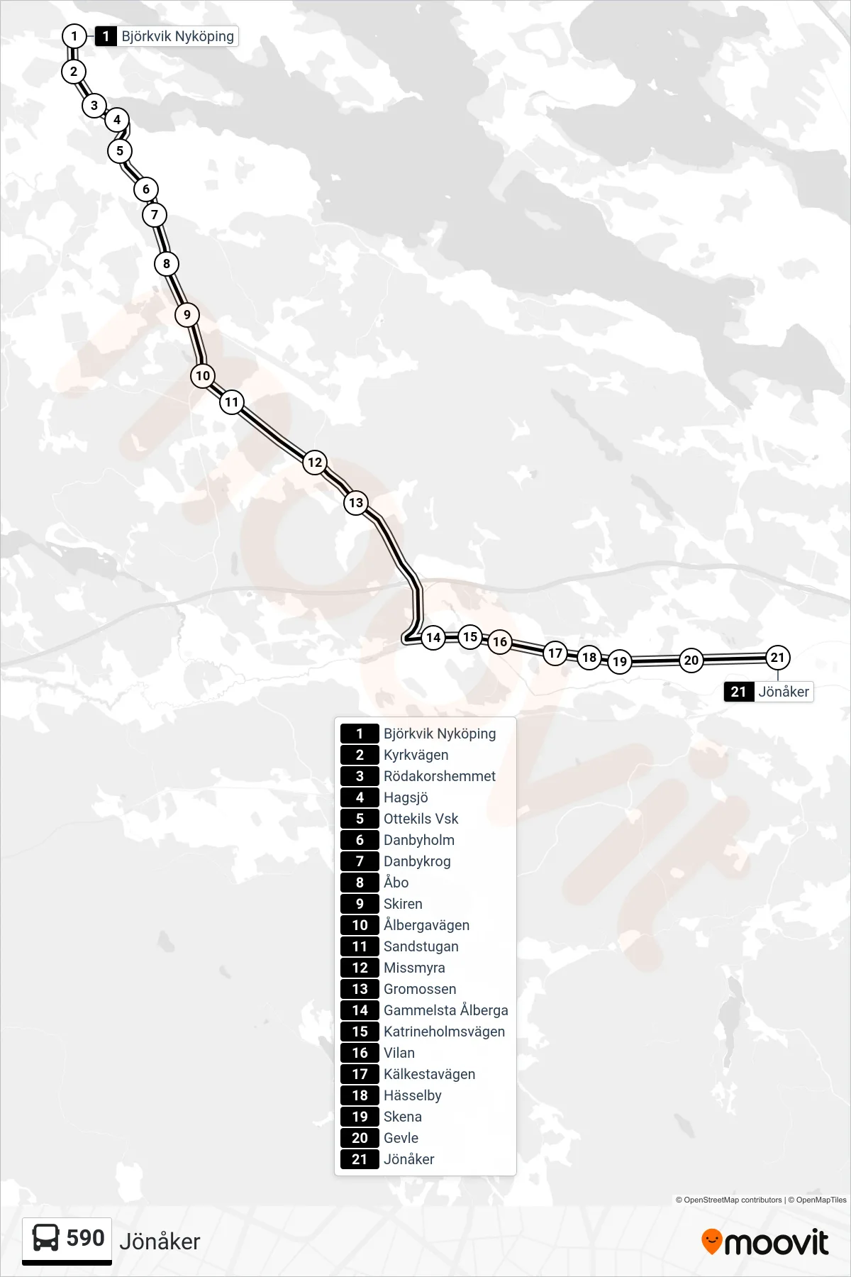 Rutt och hållplatser på karta för linje 590  buss, (Jönåker)